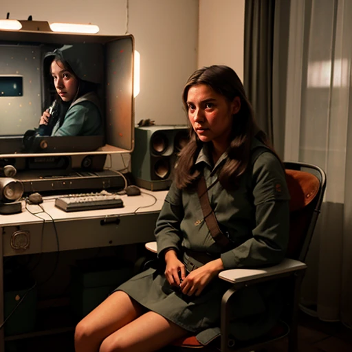 girl sitting in a chair in front of a soviet computer in the communal apartment, crying, 8K, ultra realistic, details anatomy, cinematic lighting, photographic, Eastman Kodak Color Negative film 5251 50T shot on panavision super ps . no arms. <lora:Arevik:1>