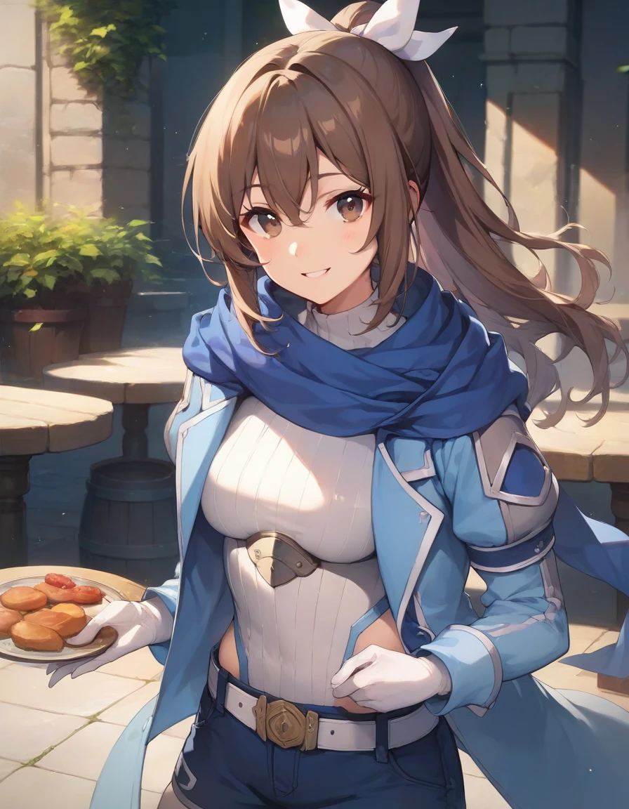 score_9,score_8_up,score_7_up,score_6_up,official art,solo,outdoors,upper body,(portrait:1.5),looking at viewer,facing viewer,smile,Sally,long hair,brown hair,high ponytail,hair bow,hair ribbon,white ribbon,hair between eyes,bangs,brown eyes,blue scarf,blue coat,open clothes,open coat,breastplate,white leotard,long sleeves,white gloves,medium breasts,skindentation,white belt,blue shorts,zettai ryouiki,white thighhighs,boots,blue footwear,<lora:Sally(bofuri)-Pony:1.5>,<lora:Smooth Anime Style LoRA XL>,