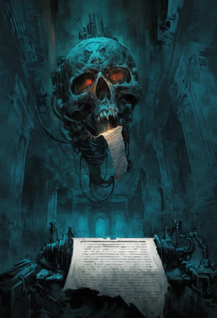 A digital illustration of a floating servo-skull, blue mechanical eyes, printing piece of paper from its mouth,  inside a bureaucratic building, gothic inspired interior, gritty, long que line, Administratum, cool colors, extremely detailed,
 <lora:Servo-Skull:1>