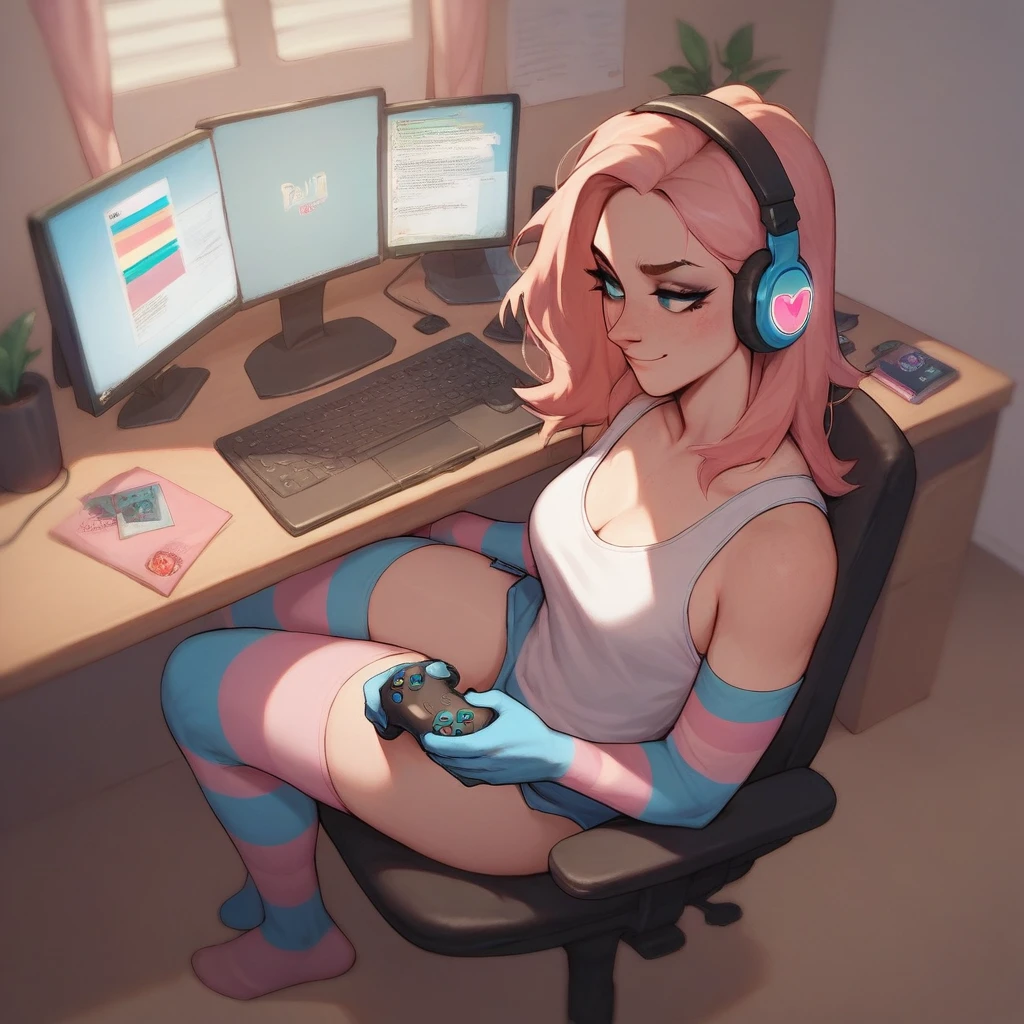 score_9, score_8_up, score_7_up, score_6_up,
dimly lit, computer chair, desk, bedroom, playing games, 
1girl, breasts, tank top, 
transgender pride colors,
elbow gloves, trans elbow gloves, striped gloves, thighhighs,
headphones, light smile, holding controller, 
<lora:trans_colors-v15:0.8>