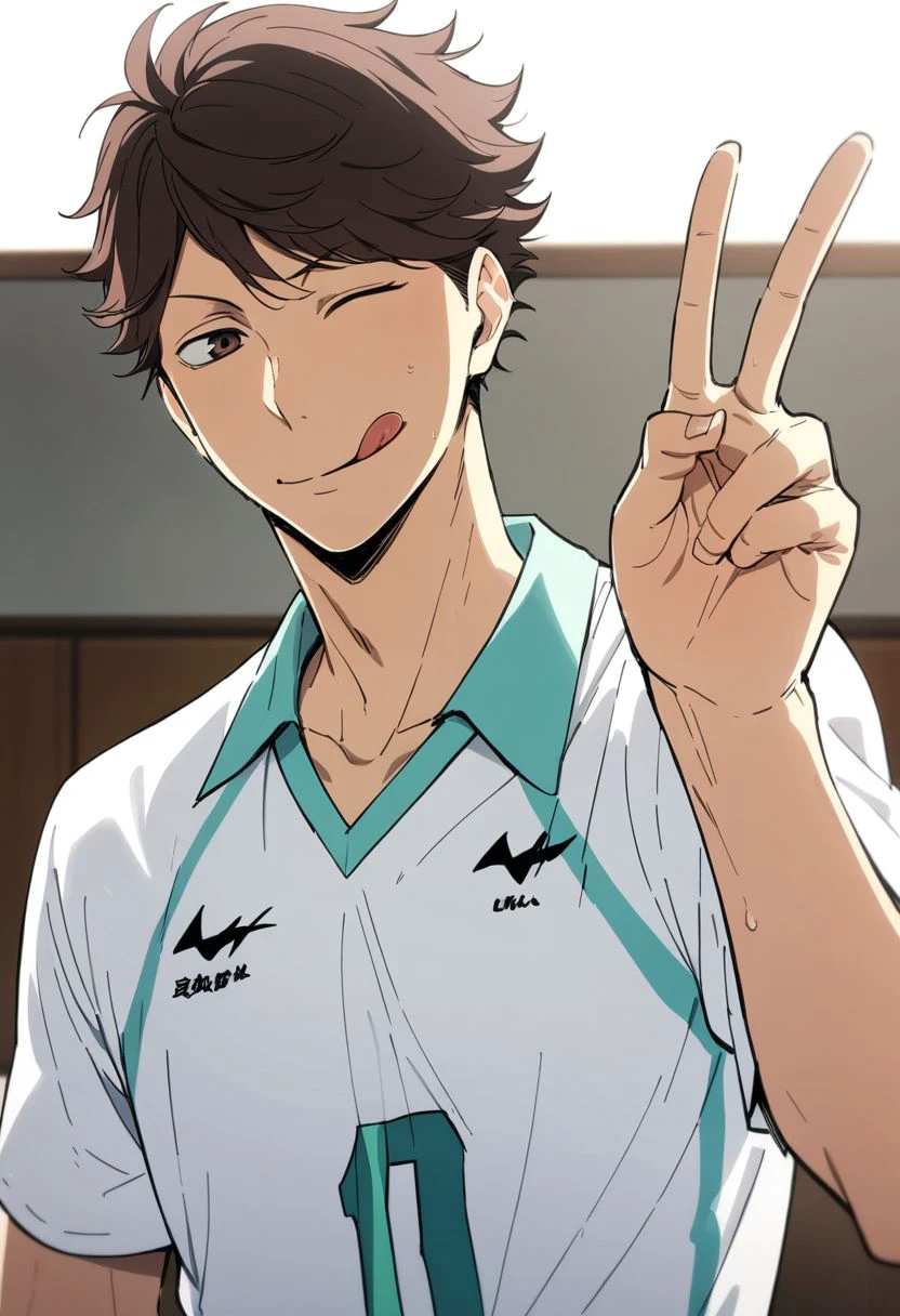 1boy, solo, male focus, oikawa_tooru, volleyball uniform, white shirt, short sleeves, upper body, tongue out, one eye closed, v, hand up, (SuperQuality), best quality, masterpiece