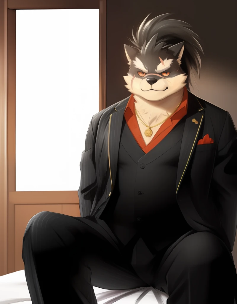 (((detailed eyes, detailed face))), (furry, shino  <lora:character_shino_findigo_v1:0.9>, two-tone fur, ponytail, dog boy, snout, black eyes, scar, tattoo, red sclera), male, (solo), (plump, fat, chubby, overweight), (black suit, long sleeves, gold necklace, black pants, red shirt), sitting, (arms behind back), smile, (front view) BREAK (konzaburou, ukan_muri), bedroom, (flat shading, high brightness), 8k, UHD, masterpiece, (full body), (scar on face, scar on cheek, scar on chest, scar on arm, scar on nose)