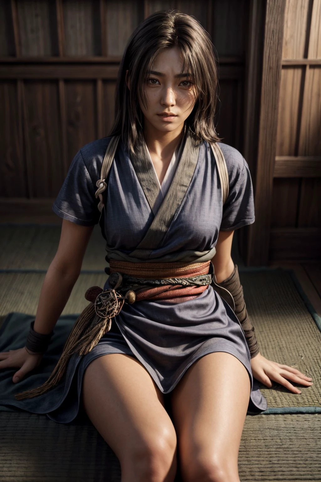 solo, (medium), holding, weapon, 1girl, Naoe, sword, black hair, realistic, looking at viewer, sexy, erotic, Mesh teddy with a plunging neckline and high-cut legs, scar on face, lying on tatami, medieval Japan house,  (ultra detailed skin:1.3), (perfect eyes), (photorealistic:1.2),8k, dslr, (bokeh), ultra high res,  <lora:add_detail:1> <lora:Naoe_ACShadows:0.8>