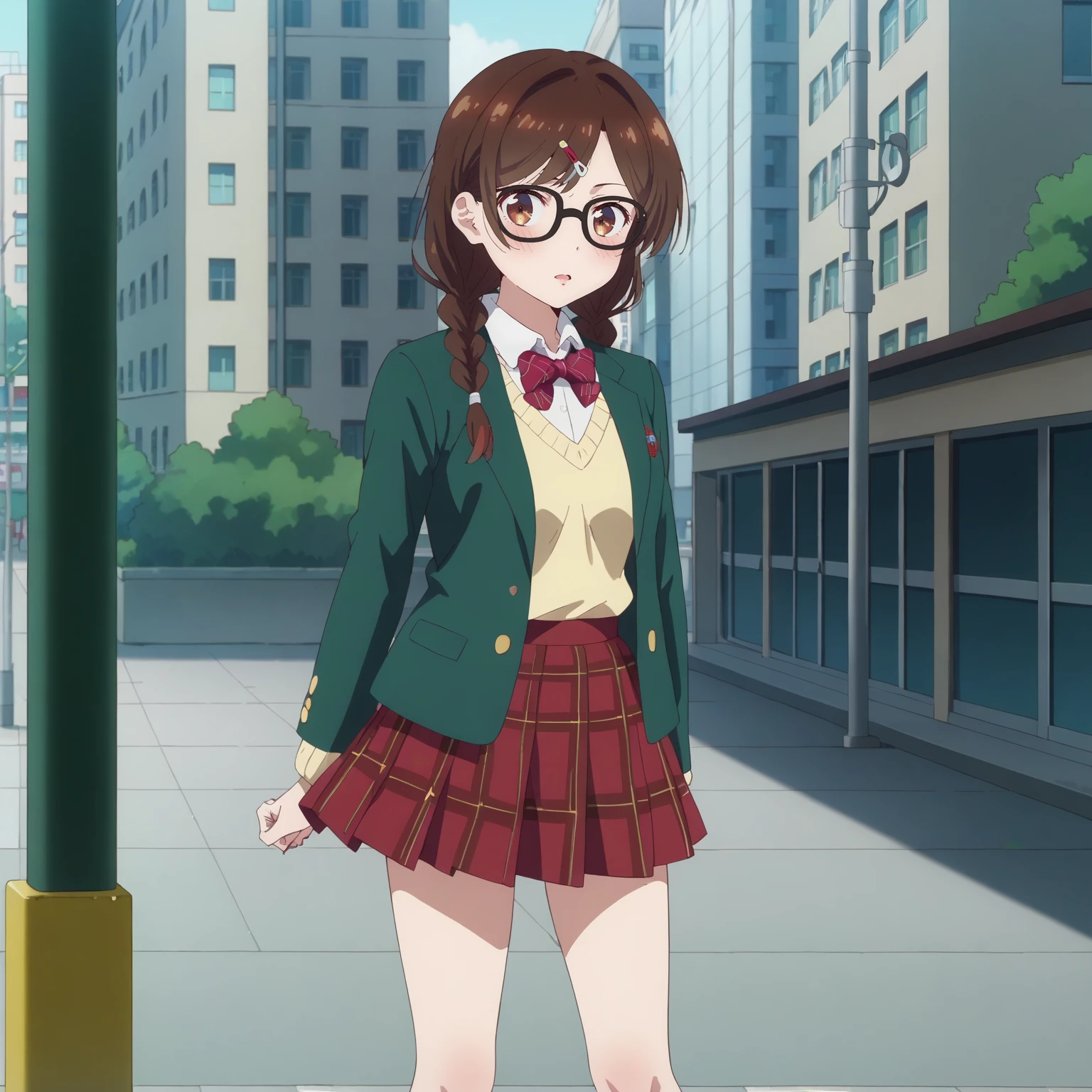 <lora:ChizuruIchinoseXLpony001>,
blush,parted lips,
solo,
ChizuruIchinose,1girl,brown hair,hairclip,twin_braids,brown eyes,black-framed eyewear,
school uniform,green jacket,yellow sweater,bowtie,
plaid skirt,red skirt,
outdoors,city,