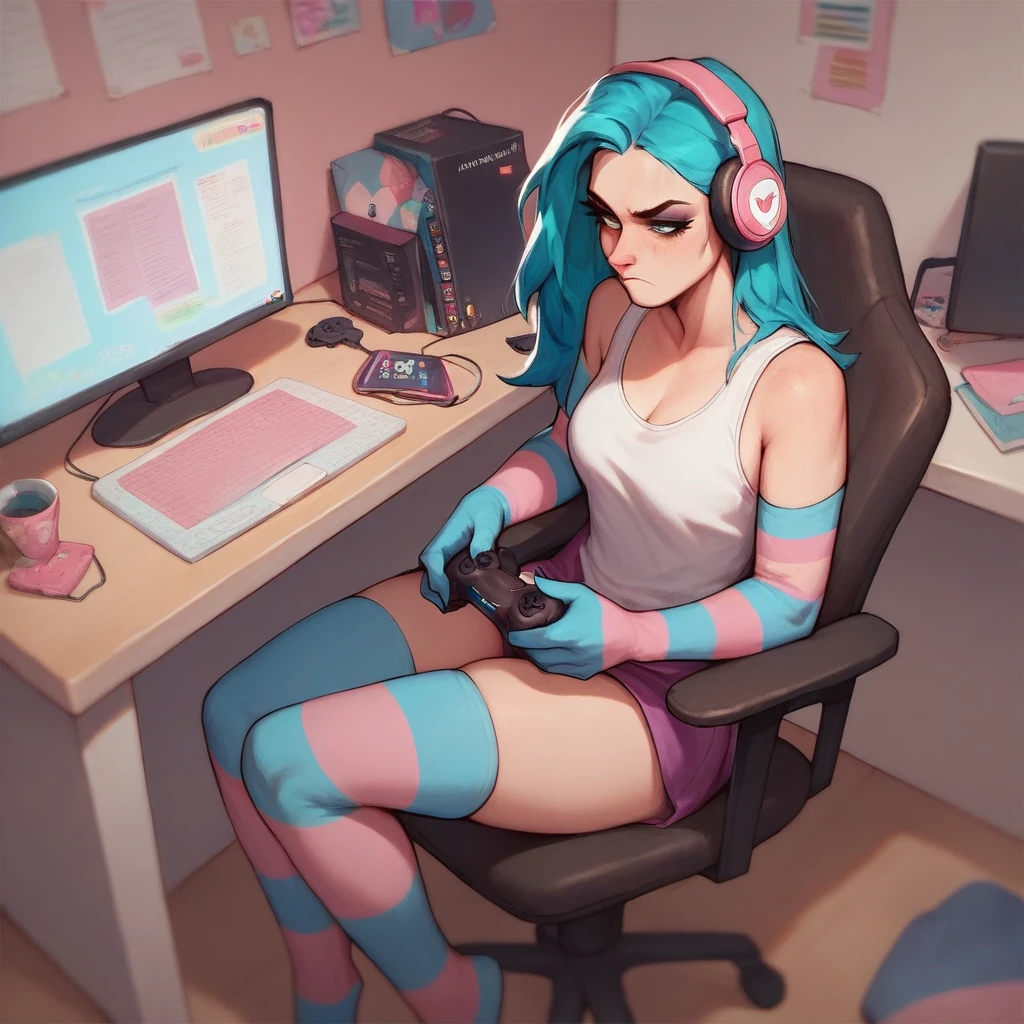 score_9, score_8_up, score_7_up, score_6_up,
dimly lit, computer chair, desk, bedroom, playing games, 
1girl, breasts, tank top, 
transgender pride colors,
elbow gloves, trans elbow gloves, striped gloves, thighhighs,
headphones, annoyed, holding controller, 
<lora:trans_colors-v15:0.8>