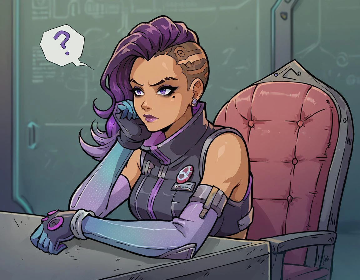 score_9, score_8_up, score_7_up, score_6_up, sombow-dh, 1girl, solo, long hair, gloves, bare shoulders, sitting, purple eyes, upper body, purple hair, multicolored hair, earrings, elbow gloves, dark skin, mole, two-tone hair, dark-skinned female, mole under eye, makeup, chair, lipstick, ?, asymmetrical hair, high collar, purple gloves, undercut, purple lips, confused, illustration, disheveled hair, detailed eyes, perfect composition, moist skin, intricate details, earrings <lora:Sombra_Olivia_Colomar_Classic_Skin__PDXL:0.7> <lora:AkaburV2_PDXL:0.8> Akaburstyle