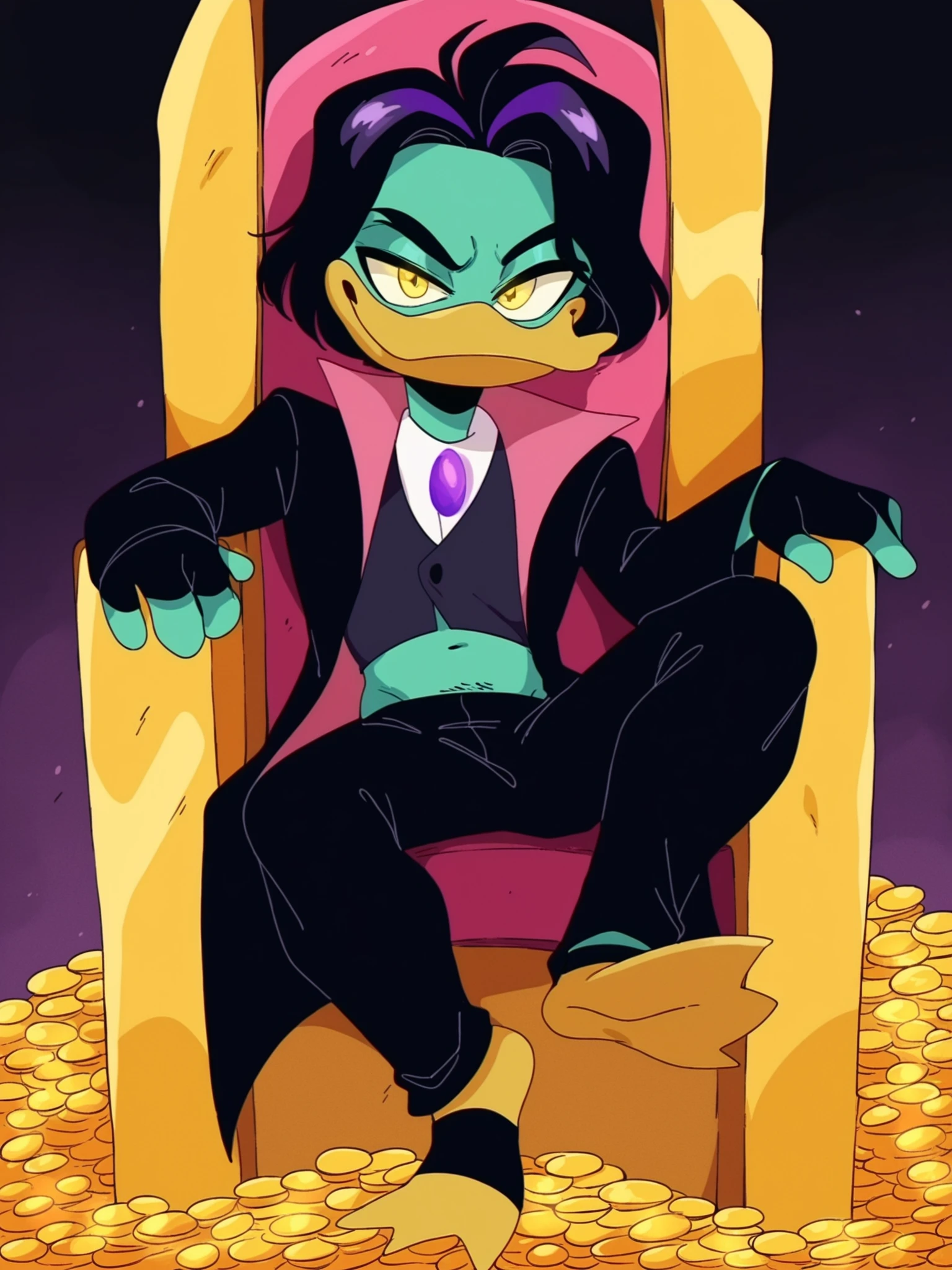 score_9, score_8_up, score_7_up, score_6_up, best quality, highres, source_furry, masterpiece, BREAK vum BREAK
1boy, male, solo, duck, beak, treasure hoard, gold coin, dark background, throne, green skin, poe de spell, short hair, black hair, purple highlights, yellow eyes, sitting, orange legs, webbed feet, spats_\(footwear\), toeless footwear, smile, seductive, eyeliner, trenchcoat, vest, suit, purple necklace, midriff, pants, black clothing, fingerless gloves <lora:Poe_De_Spell:0.8>