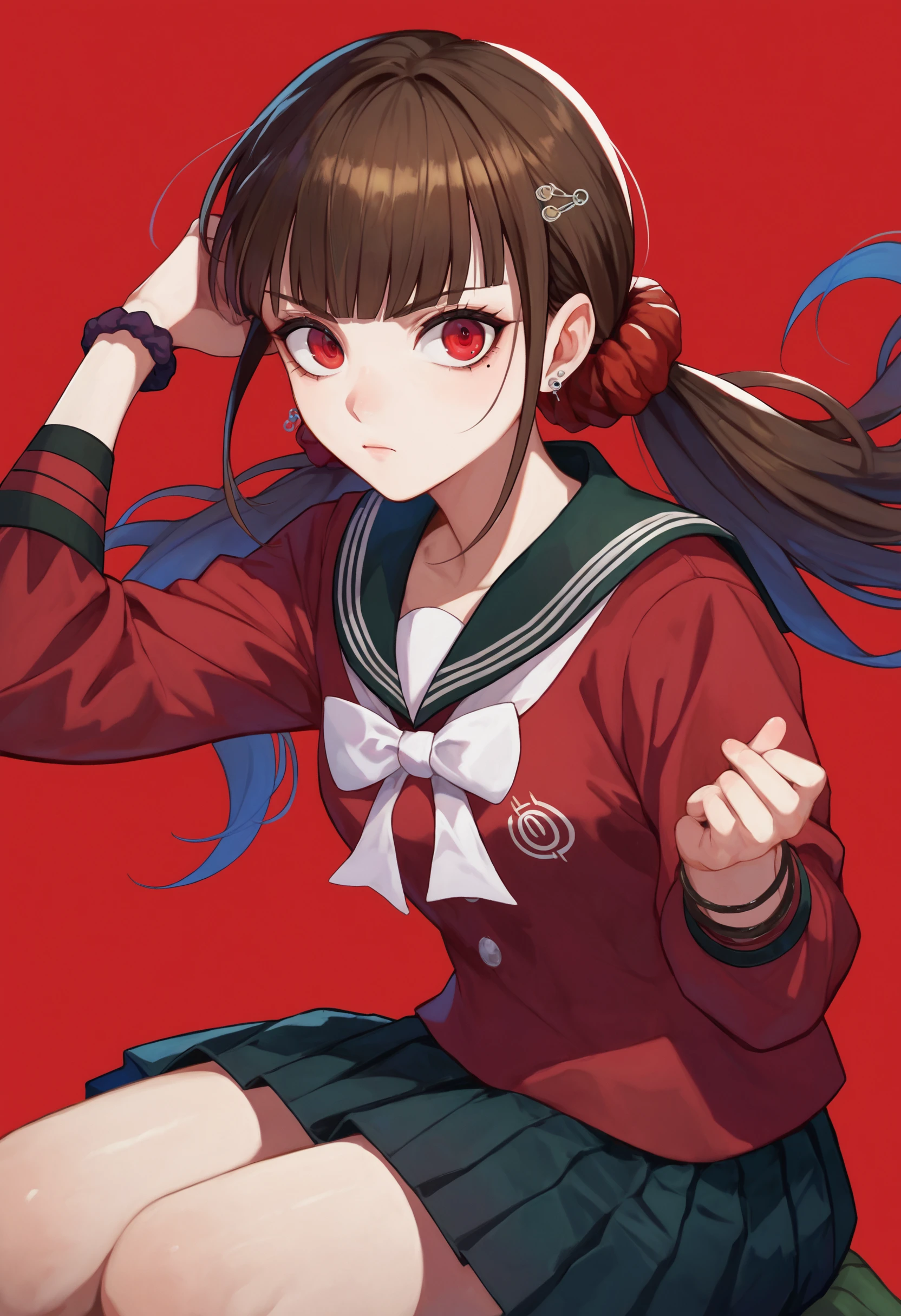 score_9_up score_8_up score_7_up, simple background, red background, looking at viewer, sitting
BREAK
score_9_up score_8_up score_7_up, harukawa maki default, 1girl, long hair, red eyes, bangs, twintails, scrunchie, hair ornament, red scrunchie, mole under eye, mole, hair scrunchie, low twintails, earrings, brown hair, black hair, blunt bangs, skirt, black skirt, pleated skirt, shirt, red shirt, sailor collar, school uniform, long sleeves, jewelry, serafuku, bow, bowtie, bracelet, black sailor collar
 <lora:danganranpa_v3_pony_d16:1>