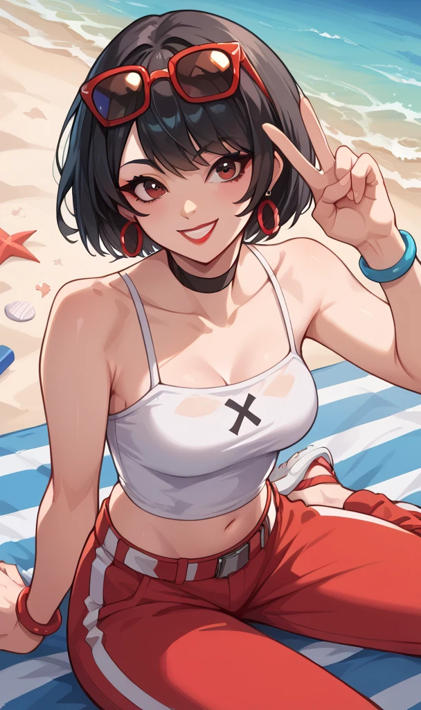 score_9, score_8_up, score_7_up, score_6_up, source_anime, BREAK masterpiece, EvieFN, short hair, black hair, hoop earrings, white top, midriff, sleeveless, red pants, eyewear on head, red-framed eyewear, brown eyes, beach, hand gesture, peace sign, beach towel, from above,