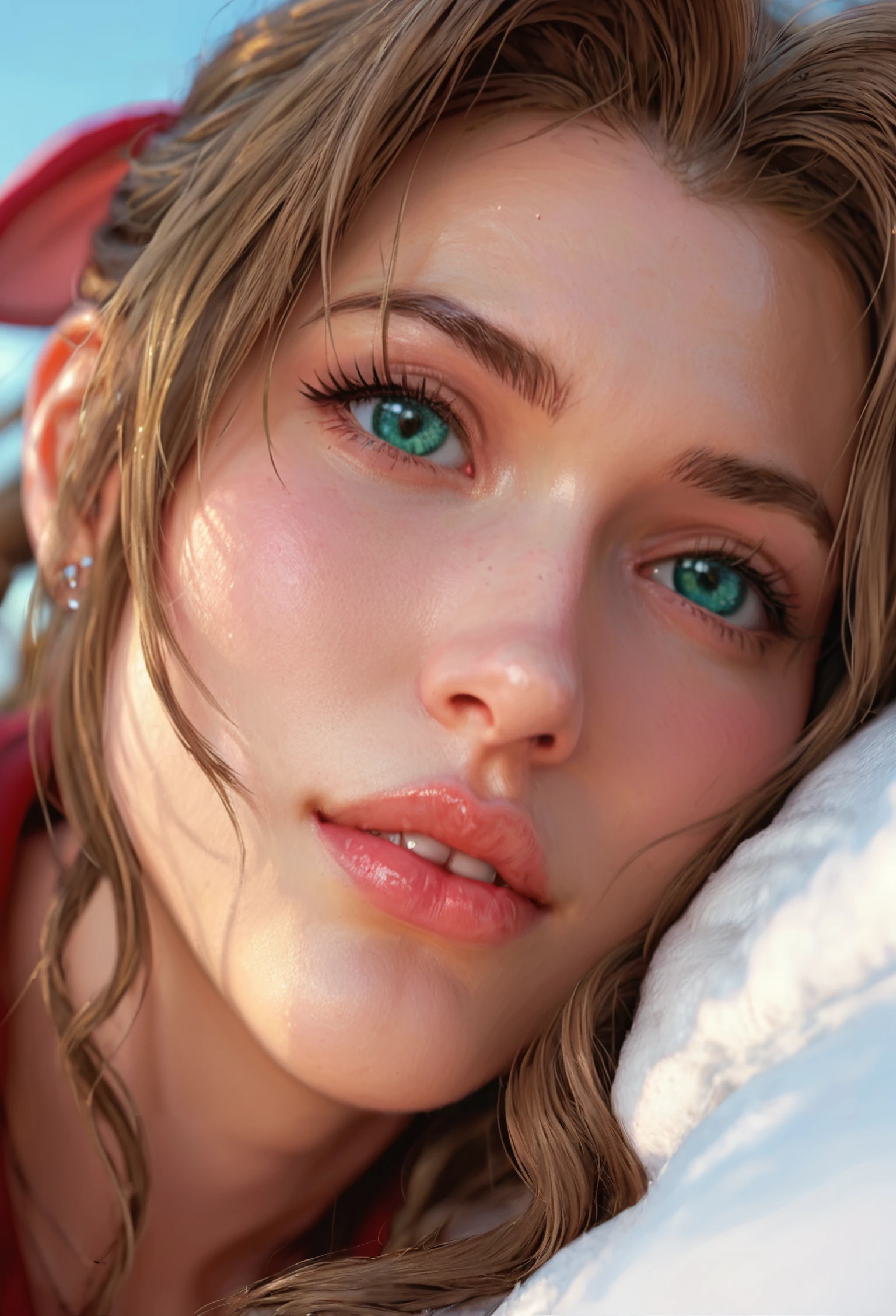 score_9, score_8_up, score_7_up, Live action, close-up, Aerith Gainsborough from Final Fantasy VII lying frail in the arms of Cloud Strife, green dreamlike background, 23K,HDR