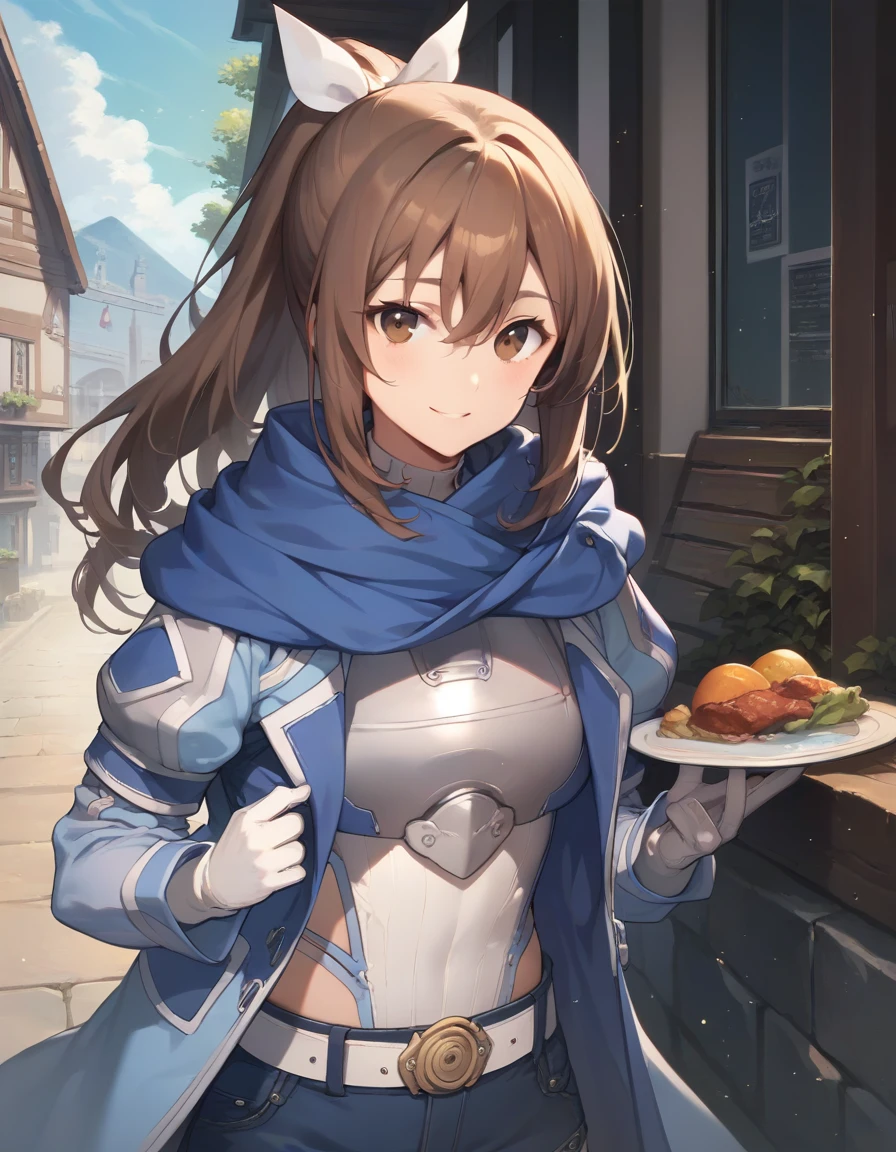 score_9,score_8_up,score_7_up,score_6_up,official art,solo,outdoors,upper body,(portrait:1.5),looking at viewer,facing viewer,smile,Sally,long hair,brown hair,high ponytail,hair bow,hair ribbon,white ribbon,hair between eyes,bangs,brown eyes,blue scarf,blue coat,open clothes,open coat,breastplate,white leotard,long sleeves,white gloves,medium breasts,skindentation,white belt,blue shorts,zettai ryouiki,white thighhighs,boots,blue footwear,<lora:Sally(bofuri)-Pony-000015:1.6>,<lora:Smooth Anime Style LoRA XL>,