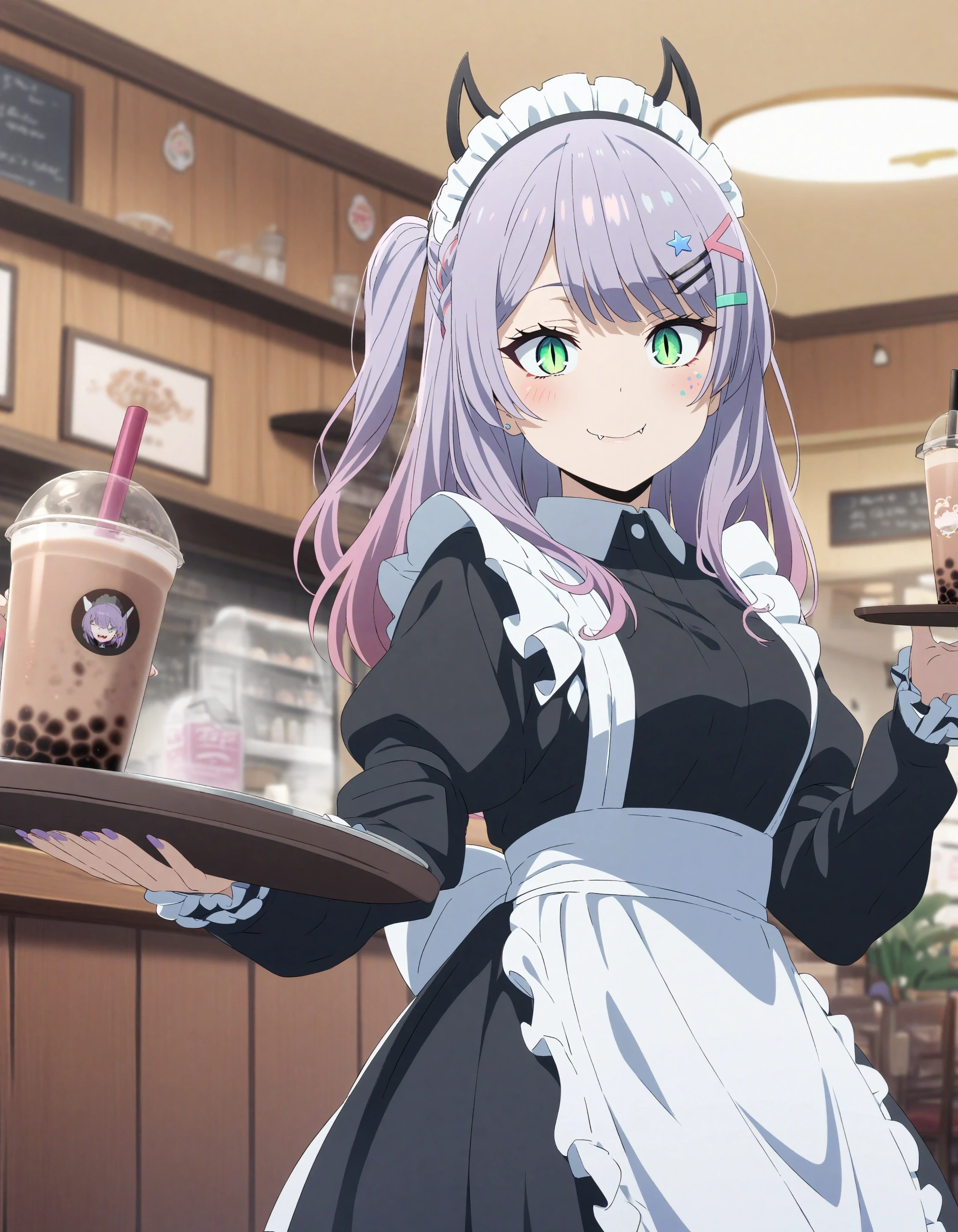 1girl, sata nakia, sousou no frieren, key visual,
slit pupils, smile, fang,
hairclip, star hair ornament, fake horns, black horns,
maid headdress, maid, maid apron, cafe, holding tray, bubble tea, 
<lora:char_sata_nakia-rls:1>