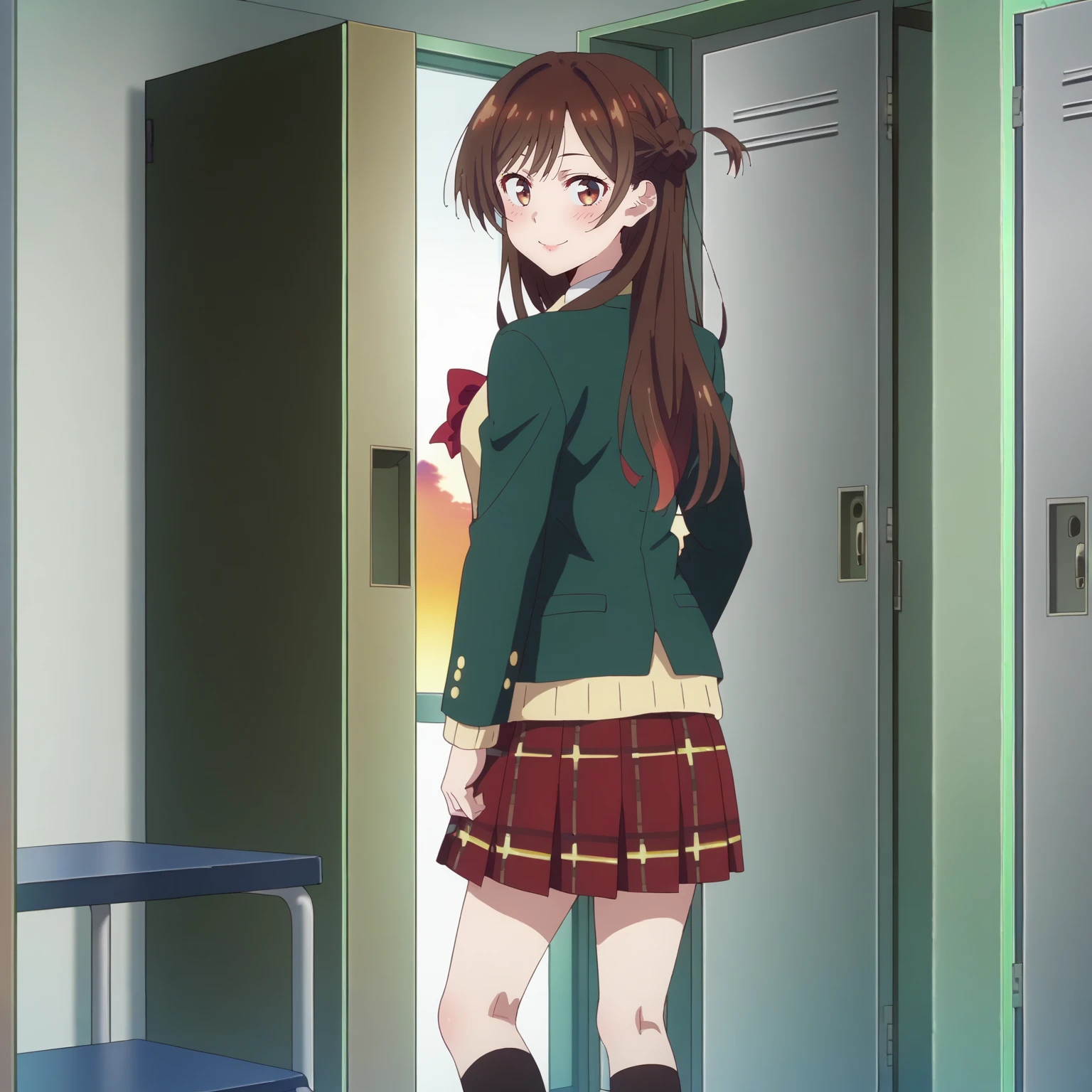 <lora:ChizuruIchinoseXLpony001>,
smile,half-closed eyes,looking at viewer,
solo,
ChizuruIchinose,1girl,brown hair,long hair,french braid,brown eyes,
school uniform,green jacket,yellow sweater,
plaid skirt,red skirt,
black socks,
indoors,locker,window_,sunset,
standing,looking back,