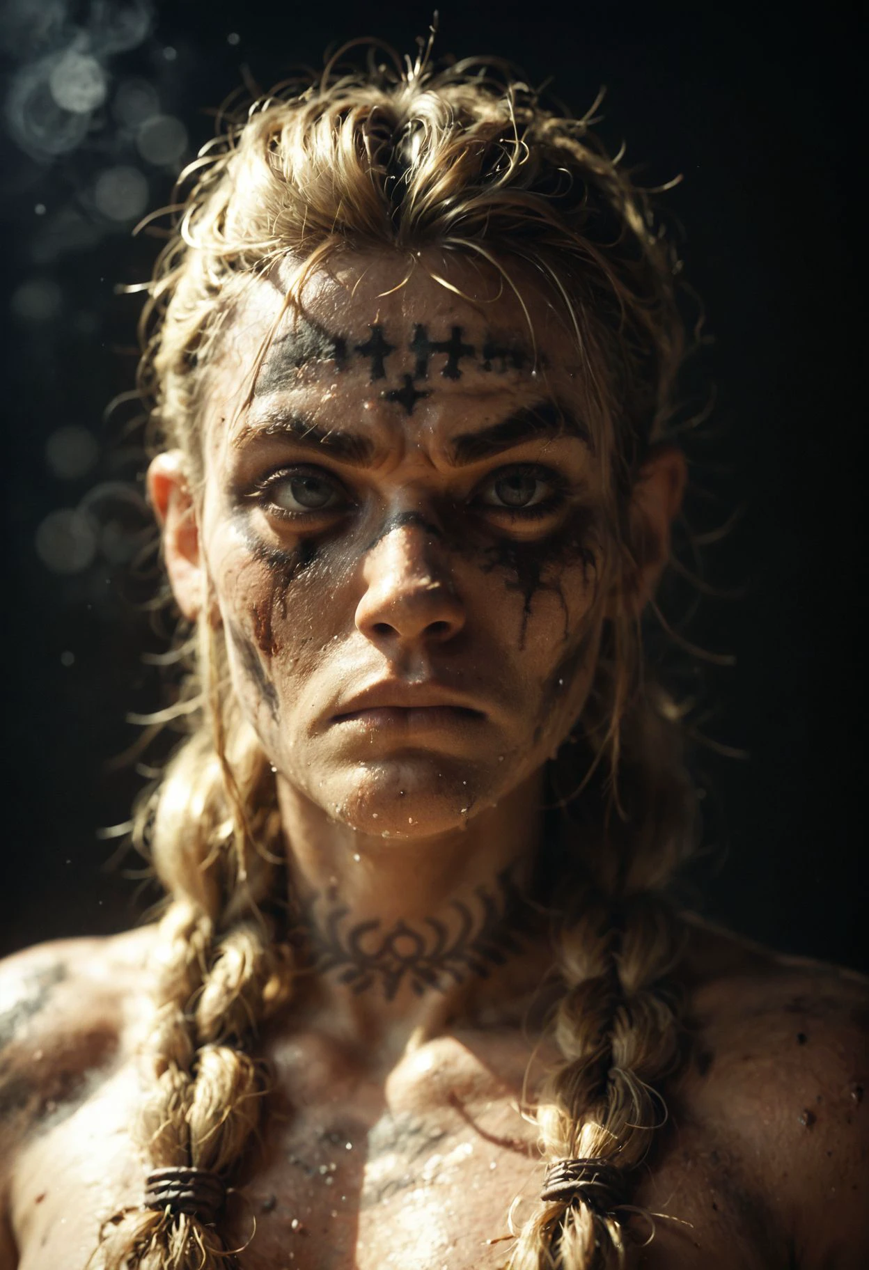 cinematic film still center close shot  of nordic girl, (dark war face paint:1.35), mohawk blonde haircut wit thin braids, (runes tattoos on face and neck:1.2), sweat, dirty skin, (black  background :1.2), smoke and dust, . analog, haze, shadows,dark background, sparkle , viking, angry, dark mood
. Eerie, unsettling, dark, spooky, suspenseful, grim, highly detailed, .score_9, score_8_up, score_7_up,score_6_up, rating_explicit . shallow depth of field, vignette, highly detailed, high budget, bokeh, cinemascope, moody, epic, gorgeous, film grain, grainy