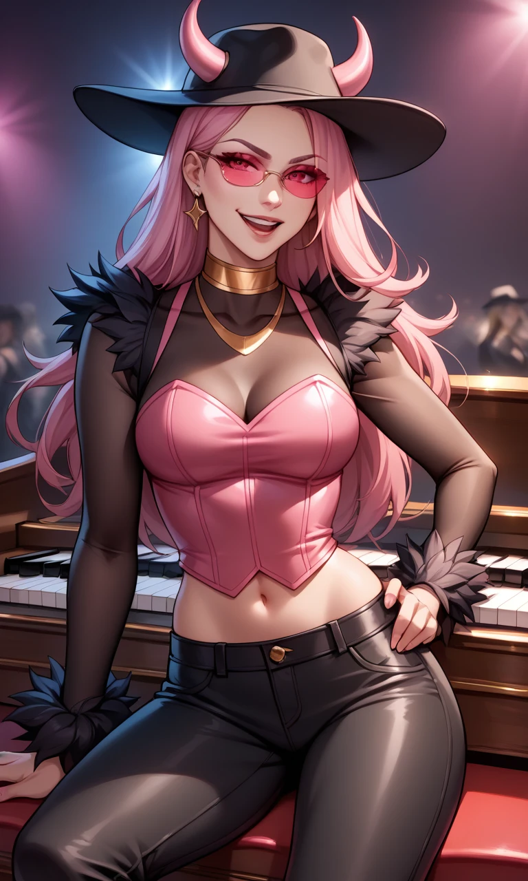 score_9, score_8_up, score_7_up, score_6_up, source_anime, BREAK masterpiece, HazeHarp, pink hair, hat, tinted eyewear, horns through headwear, feather trim, long sleeves, pink bustier, gold choker, black see-through shirt, smirk, stage lights, looking at viewer, hand on hat, hand on headwear, breasts, open mouth, piano, sitting on object, navel, black 