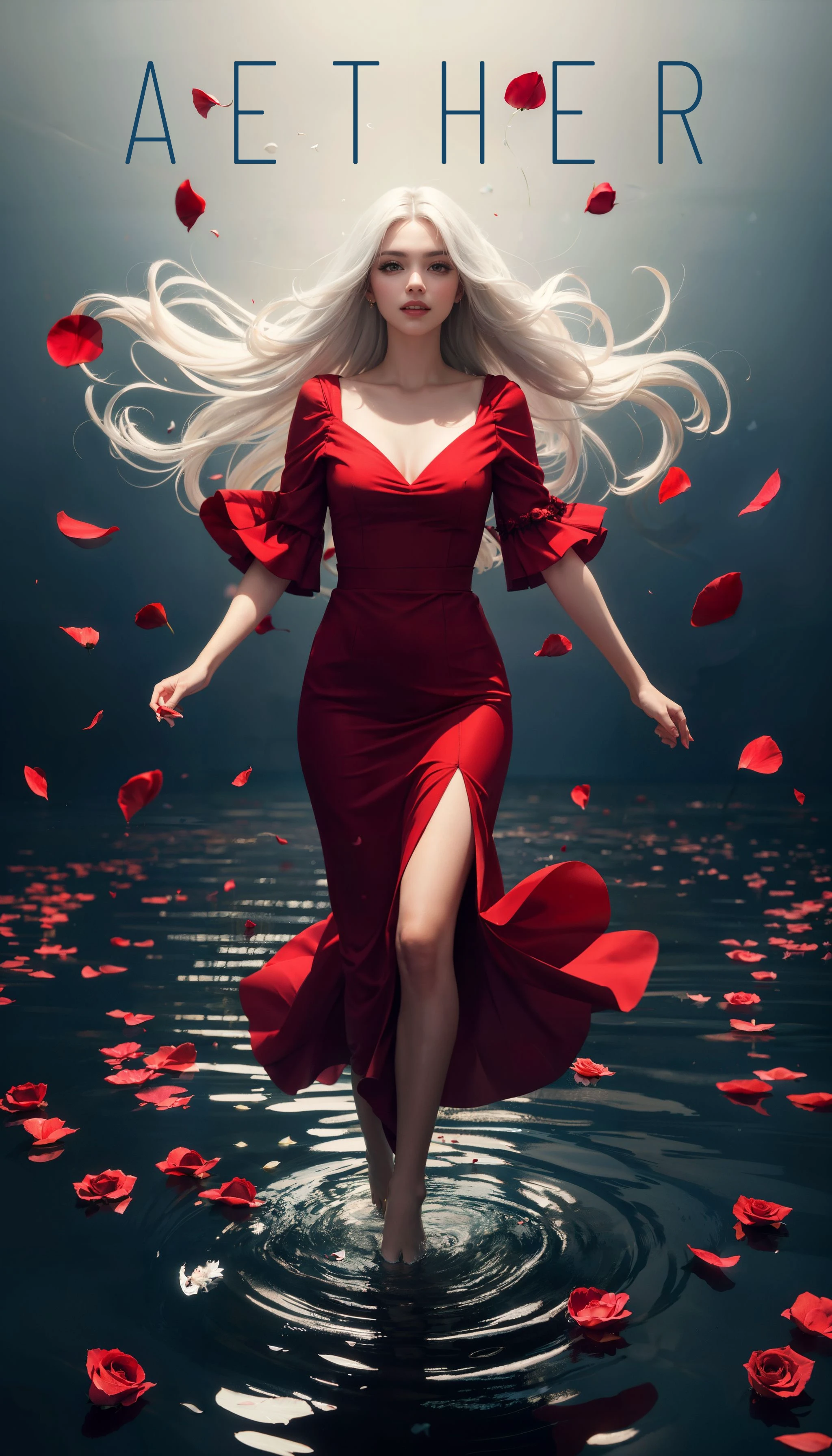 minimalism, 1girl, full body, solo, red dress, floating ribbons, looking at viewer, walking on water, falling rose petals, white hair, long hair, parted lips, happy, dark background, simple background, professional lighting, dof, photo, realistic, (masterpiece:1.2), (best quality:1.1), 8k, high detail, symmetry, centered composition