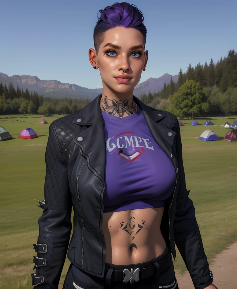 karleeb4b,blue eyes,short hair,undercut,purple hair,piercing,
black jacket,long sleeves,purple sweater,midriff,tattoo,black pants,
standing,upper body, light smile, 
outdoors,camp,looking at viewer,
(insanely detailed,  masterpiece, best quality),solo,<lora:KarleeB4B:0.9>,