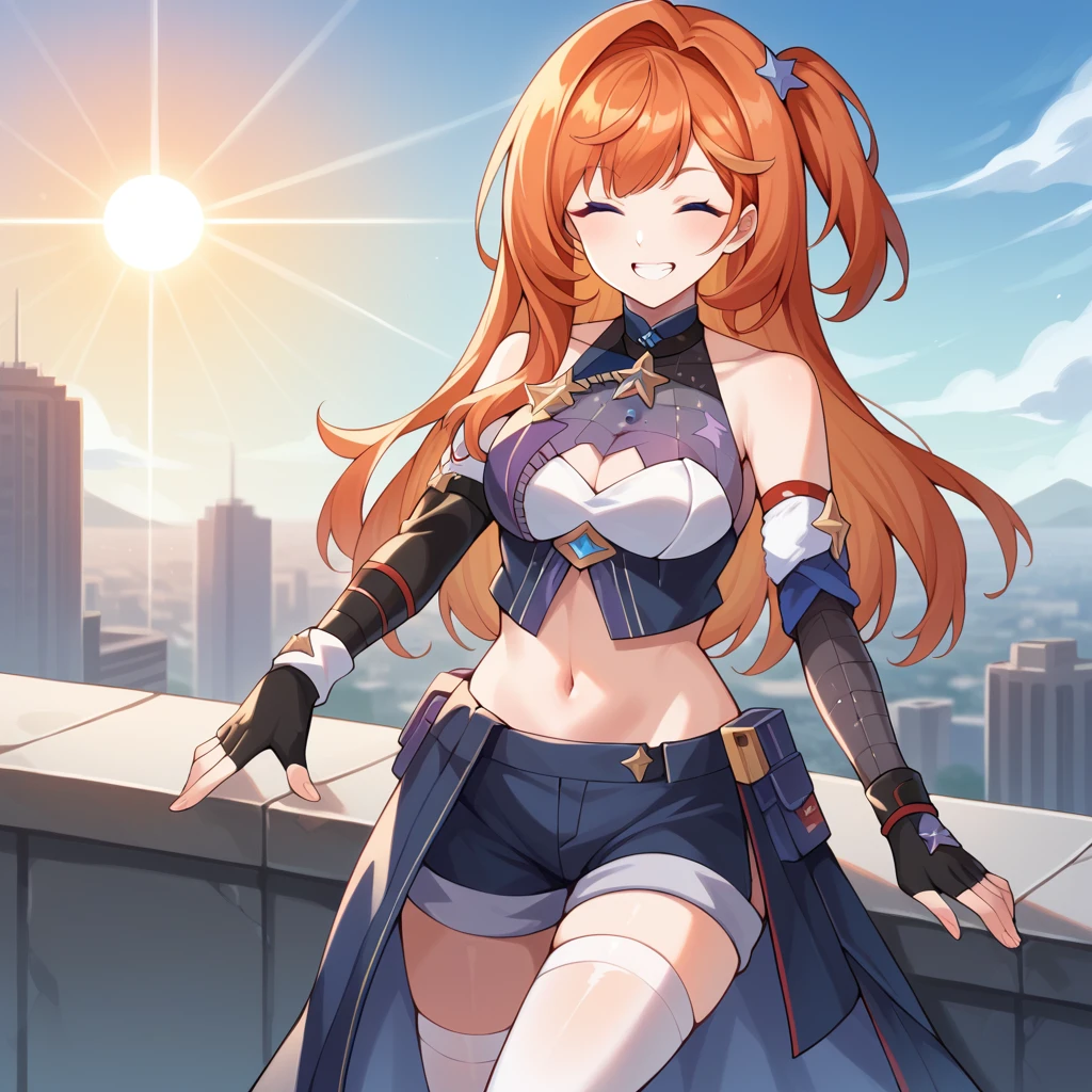 score_9_up, score_8_up, score_7_up, score_6_up, source_anime, 1girl, solo, Senadina, Sena_Default, extremely detailed fine touch, sun rays, ray tracing, masterpiece, best quality, highly detailed, close up, walking on roof edge, skyscraper, t pose, balancing, looking down, cheerful grin, closed eyes, long hair, blue eyes, gloves, red hair, black gloves, fingerless gloves, orange hair, streaked hair, clothing cutout, star hair ornament, detached sleeves, skirt, navel, midriff, white thighhighs, crop top, ankle boots, short shorts, one side up, cleavage cutout, portrait, medium breasts, mature body, dynamic cowboy shot, outdoors, cityscape background