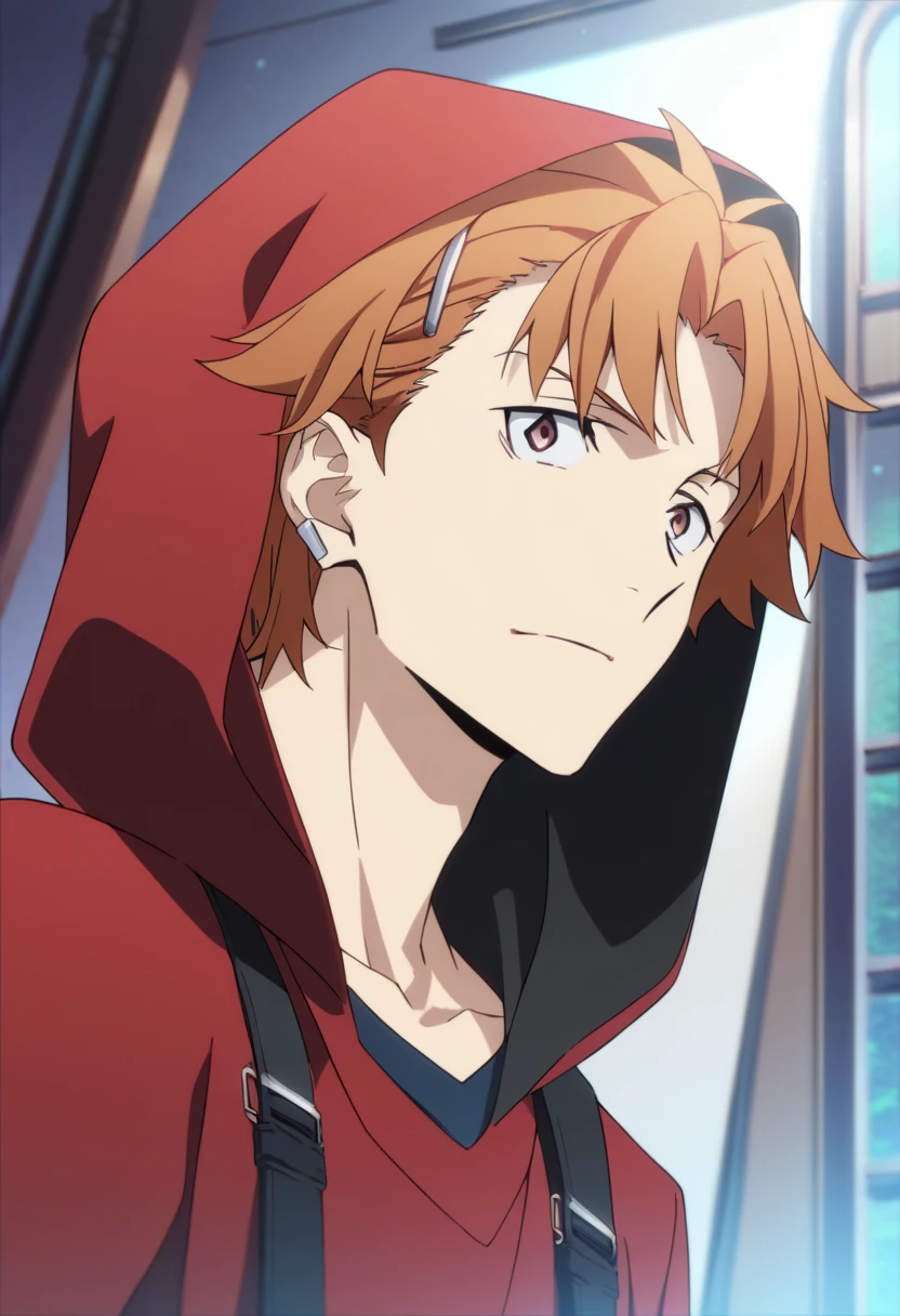 score_9, score_8_up, score_7_up, score_6_up, highly detailed, masterpiece, best quality,detailed,intricate details, amazing quality, best aesthetic, absurdres,source_anime,
Junichirou Tanizaki, orange hair, orange eyes,
hairclip,
1boy,
male focus,
red HOODIE, hood up<lora:EMS-398888-EMS:1.000000>