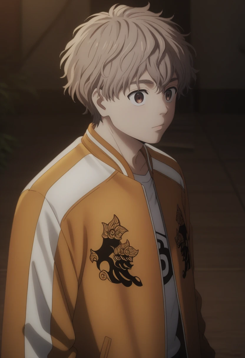 score_9, score_8_up, score_7_up, score_6_up, highly detailed, masterpiece, best quality,detailed,intricate details, amazing quality, best aesthetic, absurdres,source_anime,
choji tomiyama, beige hair, 1boy, male focus, solo, orange jacket,brown empty eyes<lora:EMS-398505-EMS:1.000000>