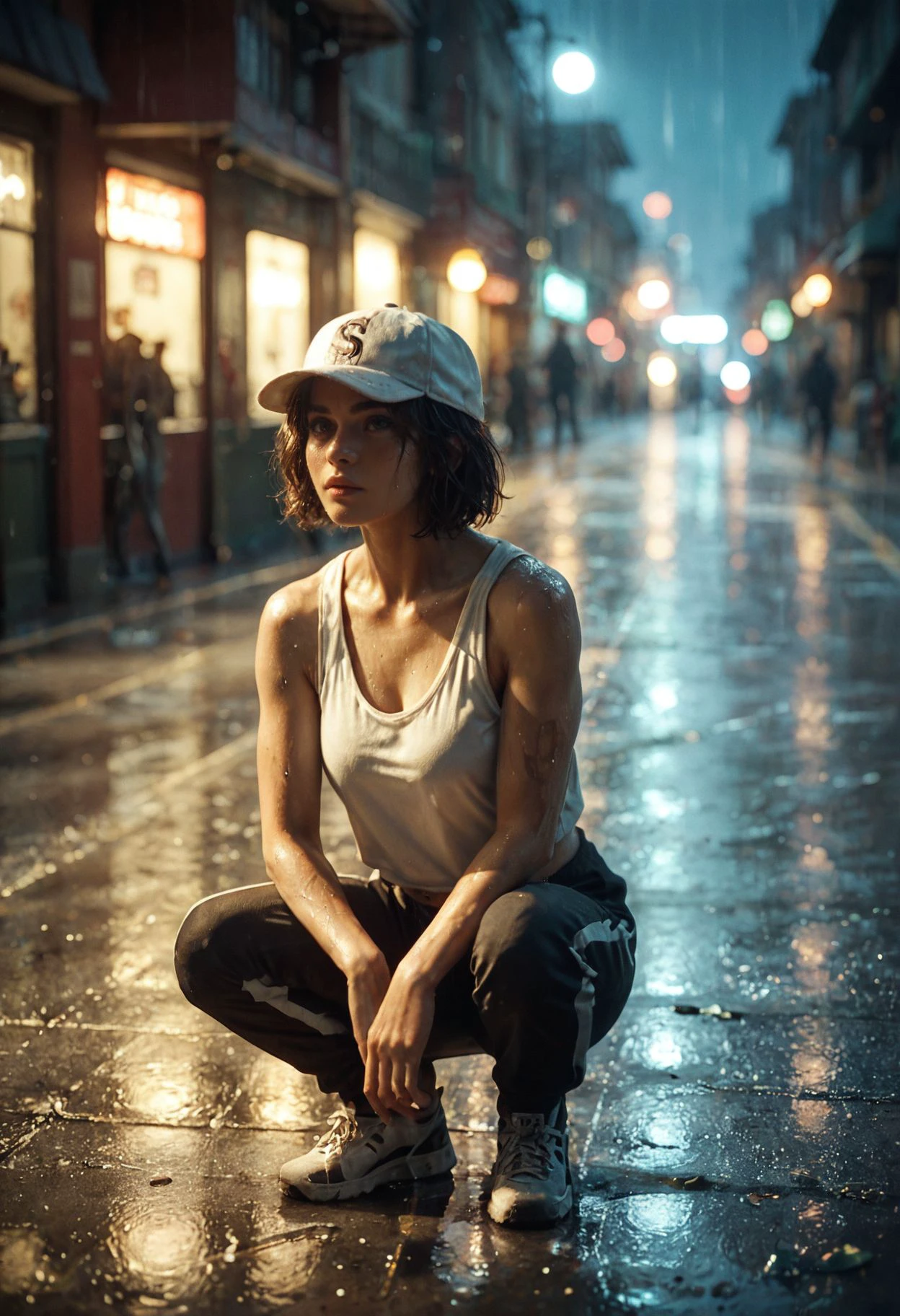 cinematic film still photo taken with gopro, (1 girl:1.2), athletic body, short black hair, tank top, (sweatpants :1.3), white baseball cap, streetwear, (she's crouching on the curb:1.1),  on a side of a street of moscow just after the rain, (empty bottles and garbage everywhere:1.2), reflections, reflections, water, (night:1.2), neon lights, (dirty:1.2),, .score_9, score_8_up, score_7_up,score_6_up, rating_explicit . shallow depth of field, vignette, highly detailed, high budget, bokeh, cinemascope, moody, epic, gorgeous, film grain, grainy