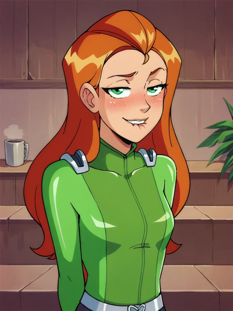 score_9, score_8_up, score_7_up, 
1girl, sam ts, long hair, orange hair, green eyes, 

indoors, green bodysuit, 

looking at viewer, arms behind back, lip biting, narrowed eyes, blush,