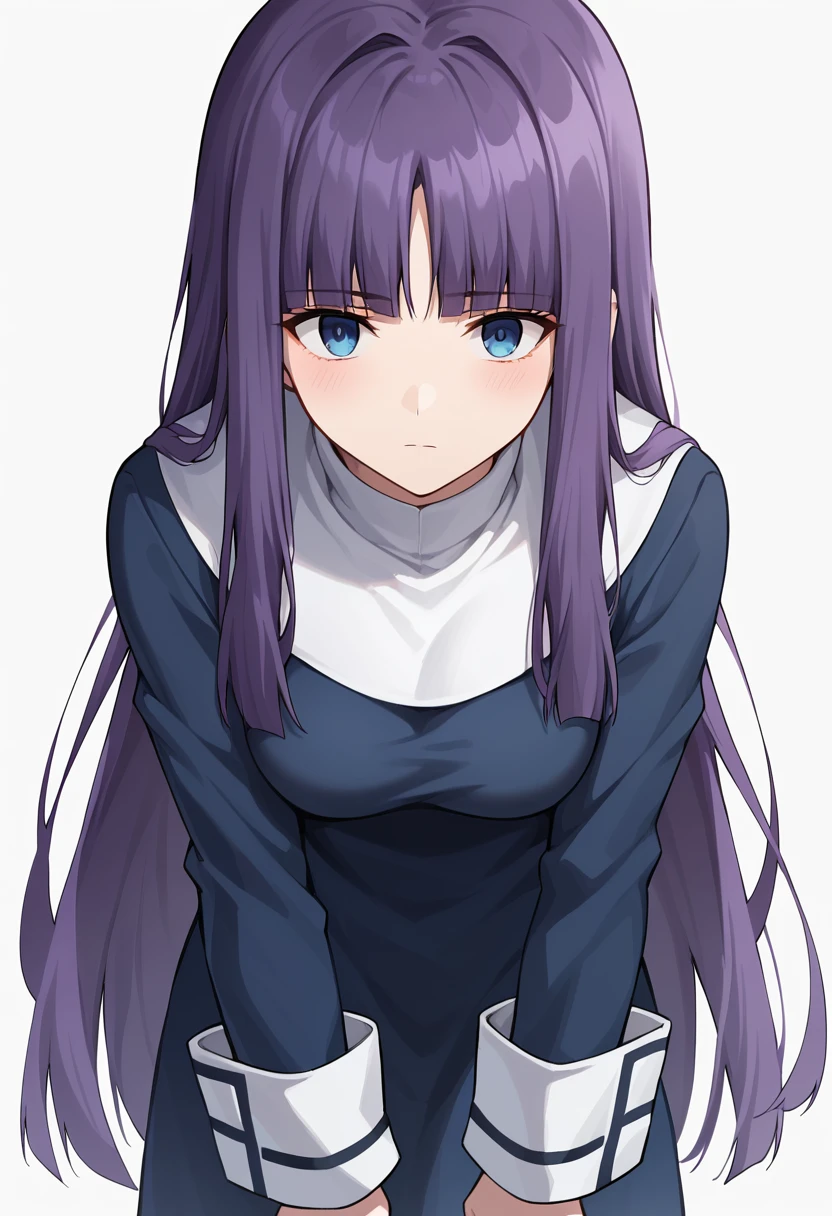 score_9, score_8_up, score_7_up, source_anime, rating_safe  <lora:a_fujino_PONY-100009:0.9> a_fujino, 1girl, solo, long hair, purple hair, blunt bangs, blue eyes, blue dress, white turtleneck, long sleeves, long dress, sleeve cuffs, blush, expressionless, closed mouth, medium breasts, leaning forward, looking at viewer, standing, cowboy shot, ,white background,