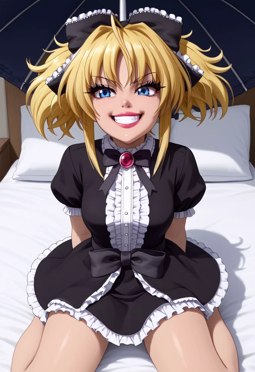 Masterpiece, best quality, high quality, highres, 4k, detailed face, detailed_eye_model, Expressiveh,  mittelt, blonde hair, blue eyes, narrowed eyes, messy hair, bangs, ahoge, short twintails, medium hair, sidelocks, fang, hair bow, gothic, medium breasts, ahoge, shortstack, smile, smug, shiny lips, lipgloss, gyaru, bmbplora, long eyelashes, gothic dress, frilled dress, parasol,