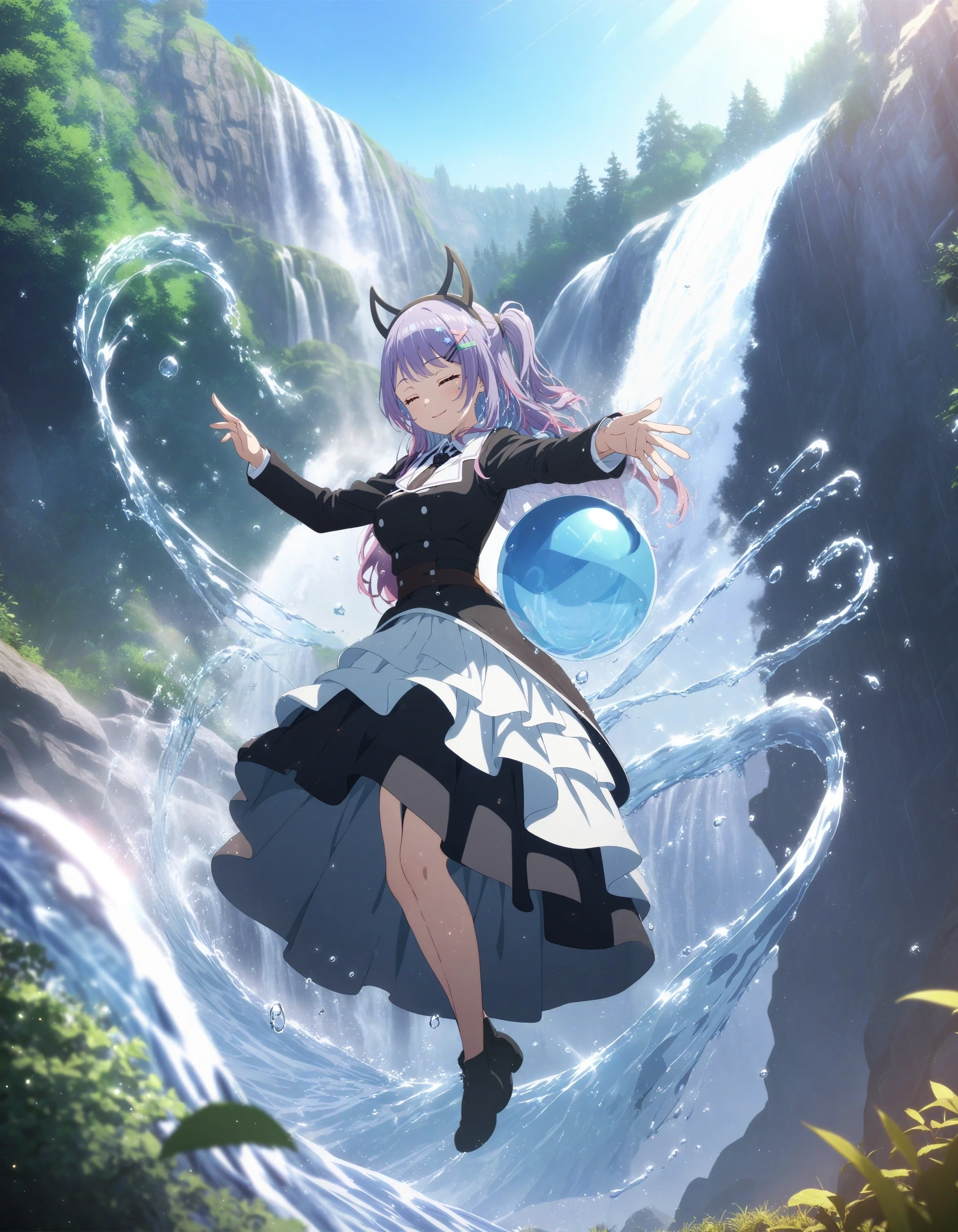 1girl, sata nakia, sousou no frieren, key visual,
slit pupils, light smile, closed eyes,
hairclip, star hair ornament, fake horns, black horns,
full body, conductor, conducting, long dress, layered dress, necktie,
waterfall, scenery, water ball, hydrokinesis, water swirl, nature, sunlight, light particles, water drop,
<lora:char_sata_nakia-rls:1> <lora:concept_bending-try2:1:lbw=NOOUT1>