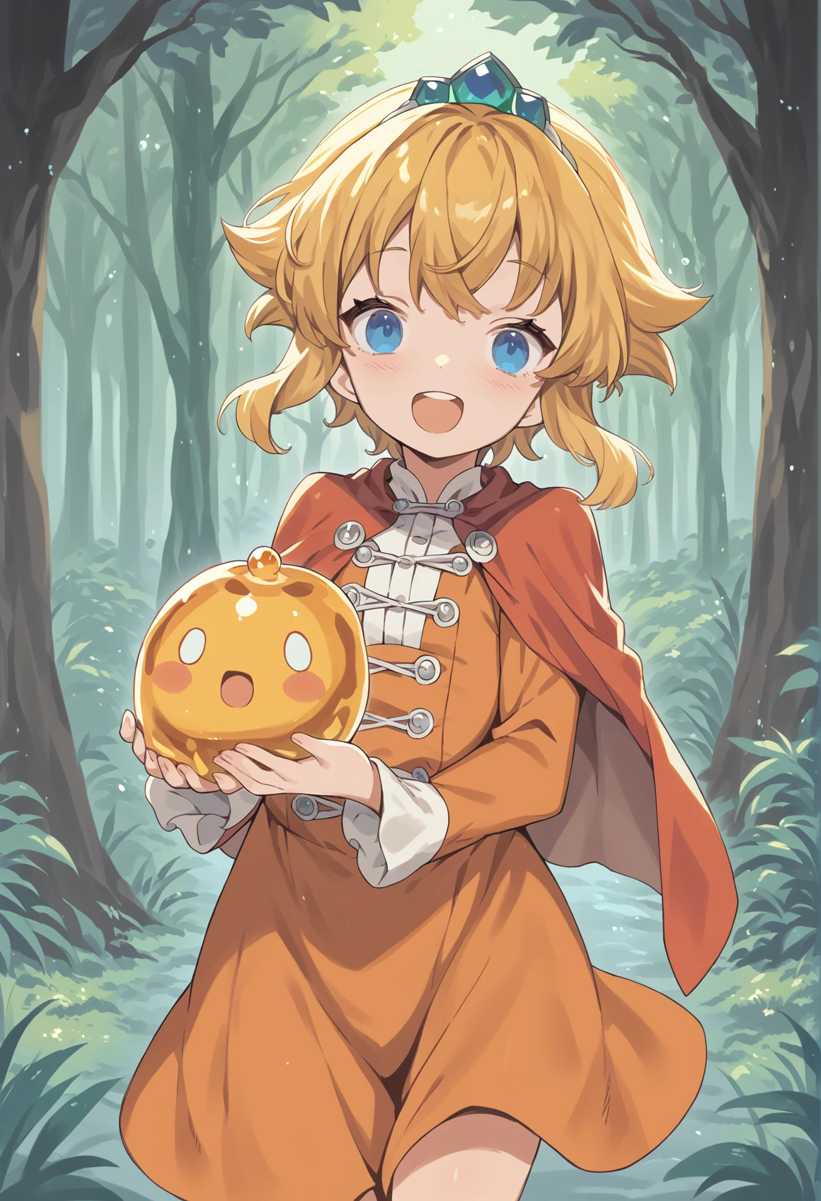 1girl, blonde hair, short hair, blue eyes, tiara, capelet, white shirt, orange dress, long sleeves, frills, holding, slime \(creature\), head tilt, outdoors, forest, smile, open mouth, upper teeth only, flat chest   <lora:Little_Princess_Guardian_tales:1> <lora:Blade_Galaxist_HARD:1>, score_9, score_8_up, score_7_up, score_6_up, score_5_up, score_4_up, BREAK source_anime, masterpiece