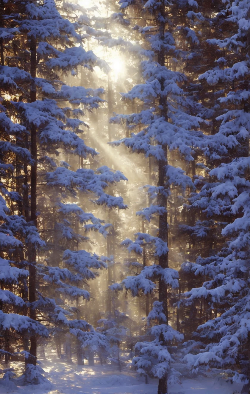 <lora:snowylandscape:1>  snowylandscape, long shadows, cloudy sky, pure winter, light rays, forest