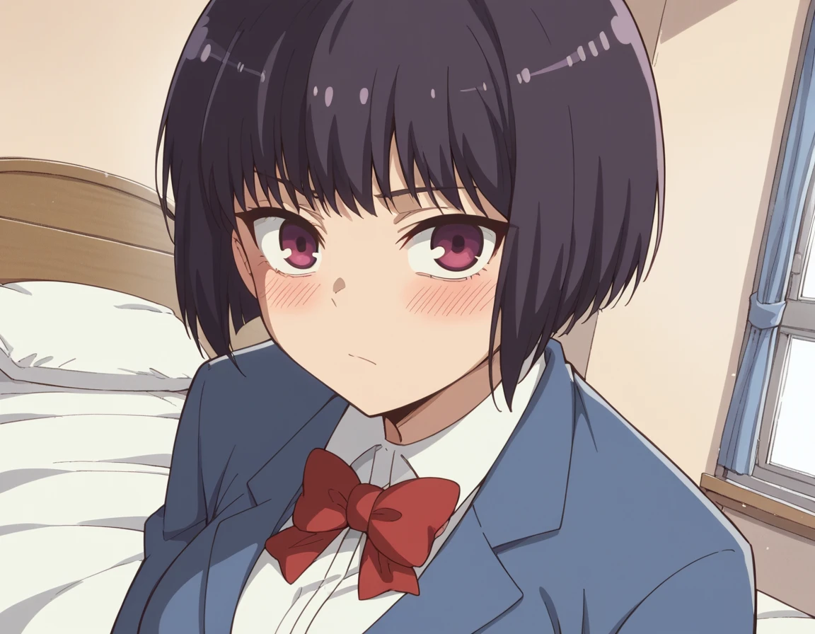 score_9, score_8_up, score_7_up, source_anime,
hanasunomiya, <lora:hana-sunomiya-s2-ponyxl-lora-nochekaiser:1>,
hana sunomiya, short hair, bangs, black hair, purple eyes, pixie cut, large breasts,
shirt, bow, school uniform, white shirt, collared shirt, bowtie, red bow, red bowtie, jacket, blazer, skirt, blue skirt,
indoors, bed, bed room, on side, blush, drunk,
looking at viewer, cowboy shot, solo, dutch angle,