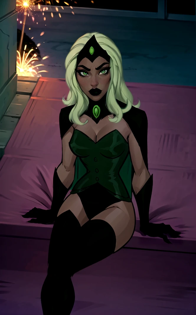 ((masterpiece,best quality)),(highres), night,
(sitting on stairs, arm support)<lora:DC_JLU_EmeraldEmpress_ownwaifu:0.9>,
DC_JLU_EmeraldEmpress_ownwaifu,
1girl, long hair, green hair, lipstick, dark skin, cape, makeup, medium breasts, cleavage, green eyes, thighhighs, black lips, gloves, black gloves, leotard, elbow gloves, green thighhighs, yellow eyes, dress, bare shoulders, crown, forehead jewel, gem, tiara, 
balcony, aerial fireworks, vanishing point, depth_of_field, scenery,  solo, cowboy shot, looking at viewer, absurdres,