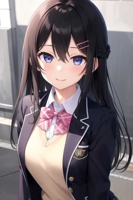 ((masterpiece)),(best quality),official art,extremely delicate and beautiful,extremely detailed CG,unity 8k wallpaper,ultra detailed,beautiful detailed eyes,extremely detailed face,outdoors,1girl,solo,upper body,(portrait:1.5),looking at viewer,facing viewer,smile,Tsukino Mito,very long hair,black hair,french braid,hair ornament,hairclip,hair between eyes,parted bangs,blue eyes,school uniform,black jacket,blazer,wing collar,pink bowtie,yellow sweater vest,white shirt,collared shirt,dress shirt,large breasts,skindentation,long sleeves,miniskirt,black skirt,plaid skirt,pleated skirt,frilled skirt,zettai ryouiki,white thighhighs,loafers,<lora:Tsukino Mito(vl)>,