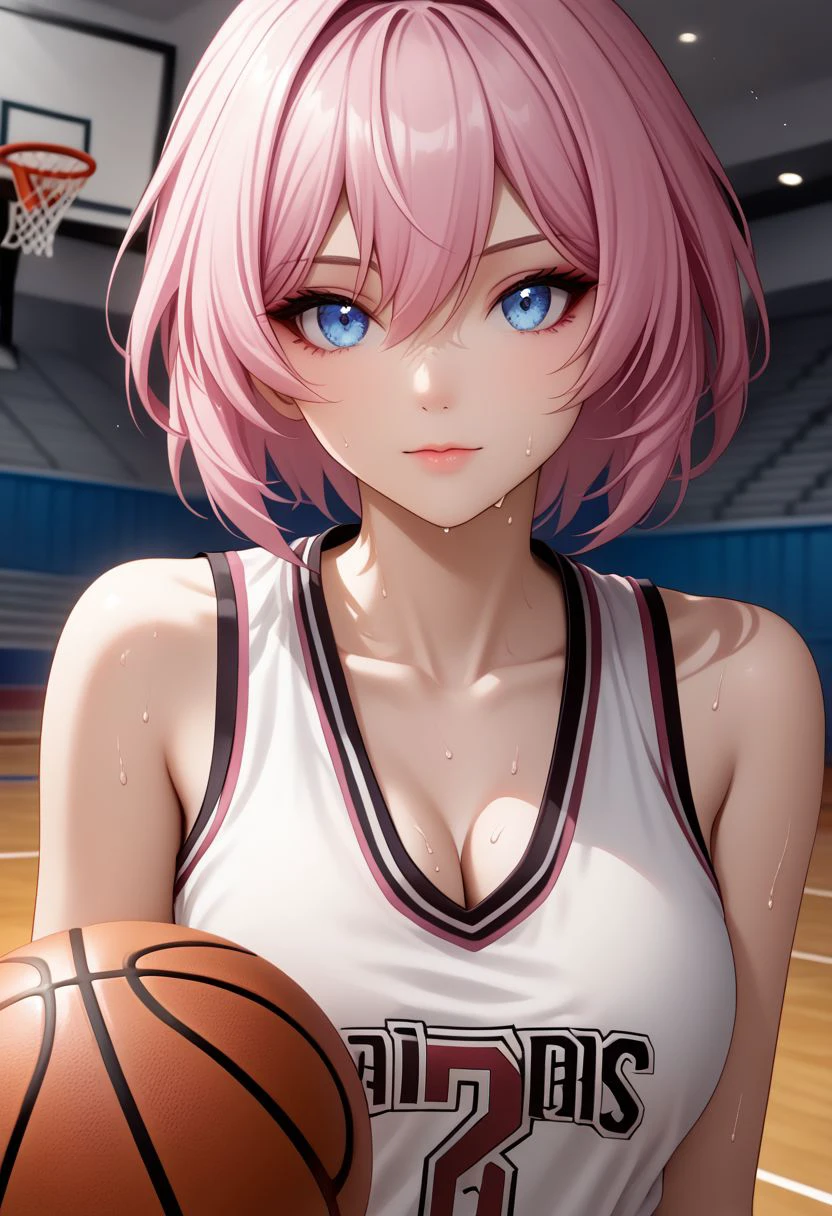 EnD_Niji_Sports, 1girl, march_7th_\(honkai:_star_rail\), pink_hair, blue_eyes, pink_eyes, two-tone_eyes,medium_breasts, hair_between_eyes, collarbone, upper body,shirt, cleavage, bare shoulders, closed mouth, sweat, sleeveless, makeup, blurry background, ball, sportswear, basketball, basketball uniform, looking at viewer, dynamic angle, sitting BREAK PonyXLV6_Scores