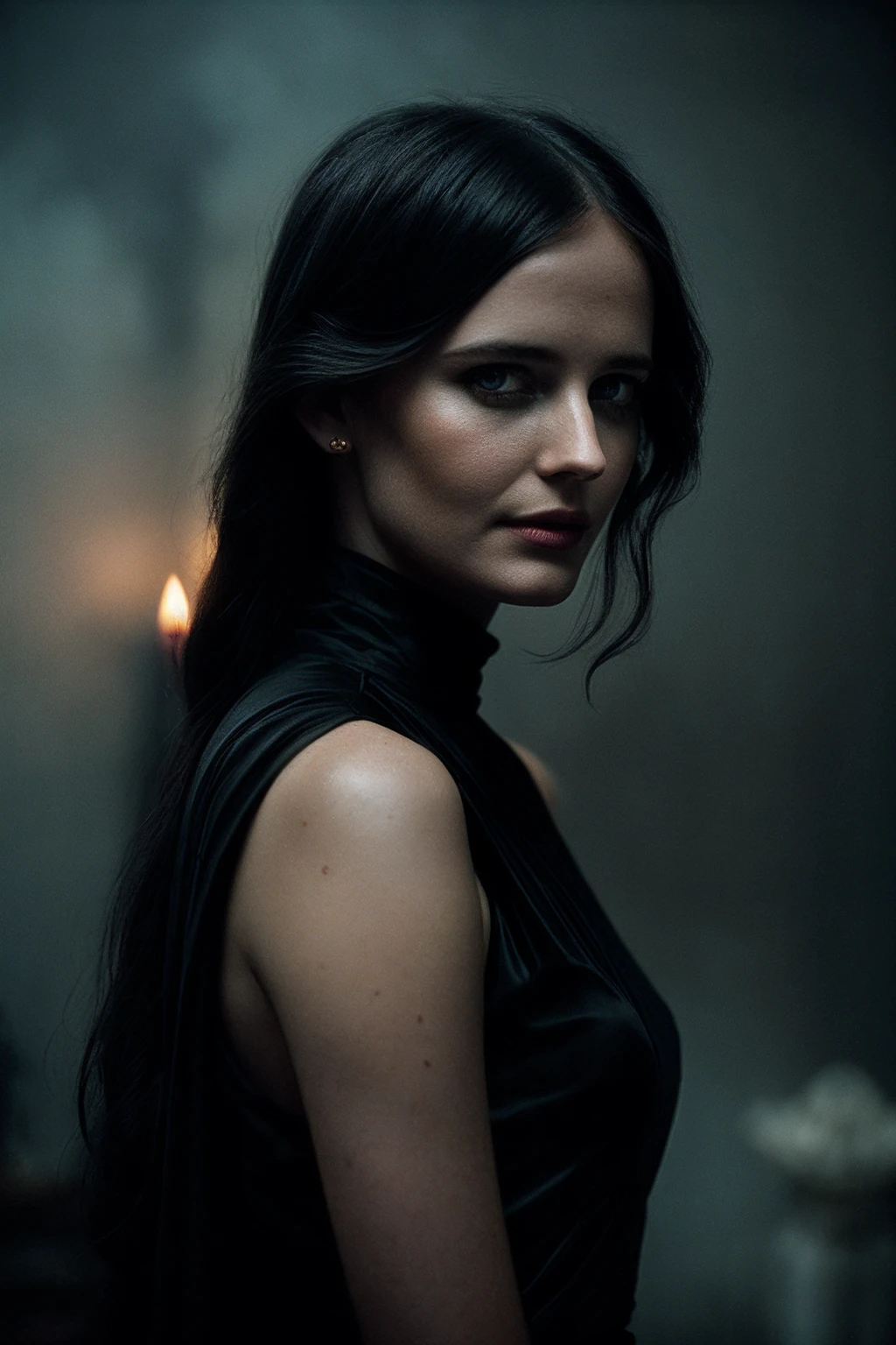 Dark Moody Atmosphere, Photorealism <lora:MathildaMaySDXL-000009:1>, 20 yo MathildaMaySDXL s an elegant goth turtleneck dress, in a (dark cave:1.2), scene lit by torches, Photorealism, often for highly detailed representation, photographic accuracy, or visual illusion., dramatic, mysterious, dark moody atmosphere