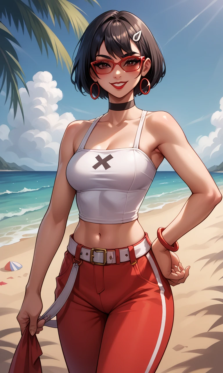 score_9, score_8_up, score_7_up, score_6_up, source_anime, BREAK masterpiece, EvieFN, short hair, black hair, hoop earrings, white top, midriff, sleeveless, red pants, red sunglasses, choker, breasts, white belt,   lipstick, smile,  beach, hand on own hip, looking at viewer, 