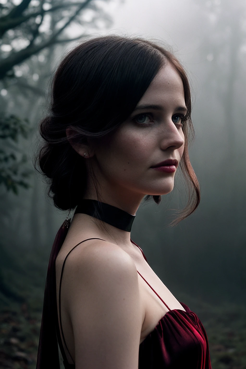 EvaG_SoloTI_v1,
(In a deep maroon velvet dress, with a simple choker necklace, for a mysterious and captivating look), (In a misty forest at twilight, with the fading light casting long shadows, a serene and enigmatic atmosphere:1.3), (seductive:1.3),(analog, cinematic, film grain, hazy atmosphere, cinematic shot:1.3),
<lora:add_detail:0.6>, PA7_Portrait-MCU,