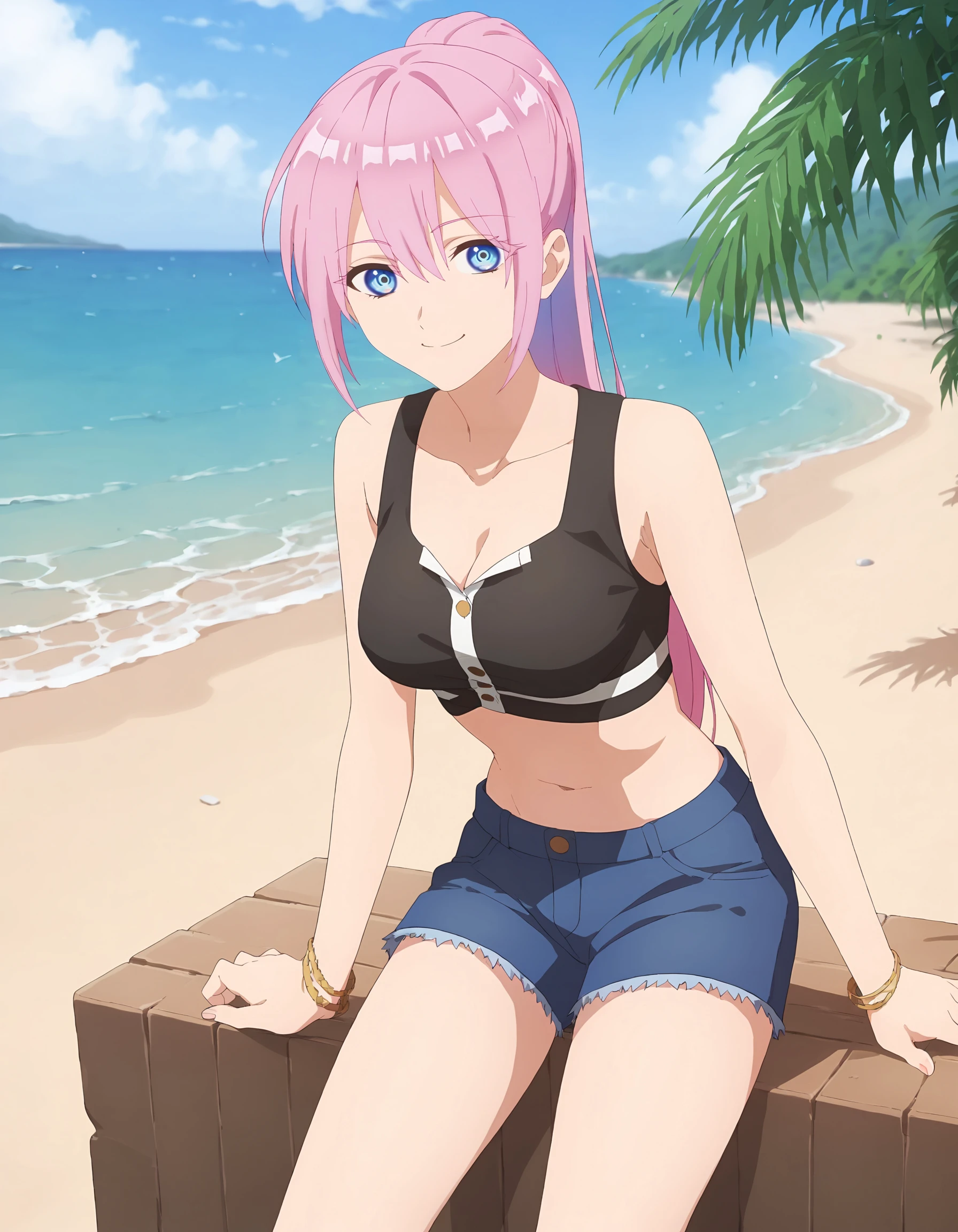 score_9, score_8_up, score_7_up
BREAK 1girl, <lora:ShikimoriXL-v1:1>, skmr, ponytail, sleeveless shirt, black shirt, cleavage, midriff, navel, denim shorts, blue shorts, smile, beach