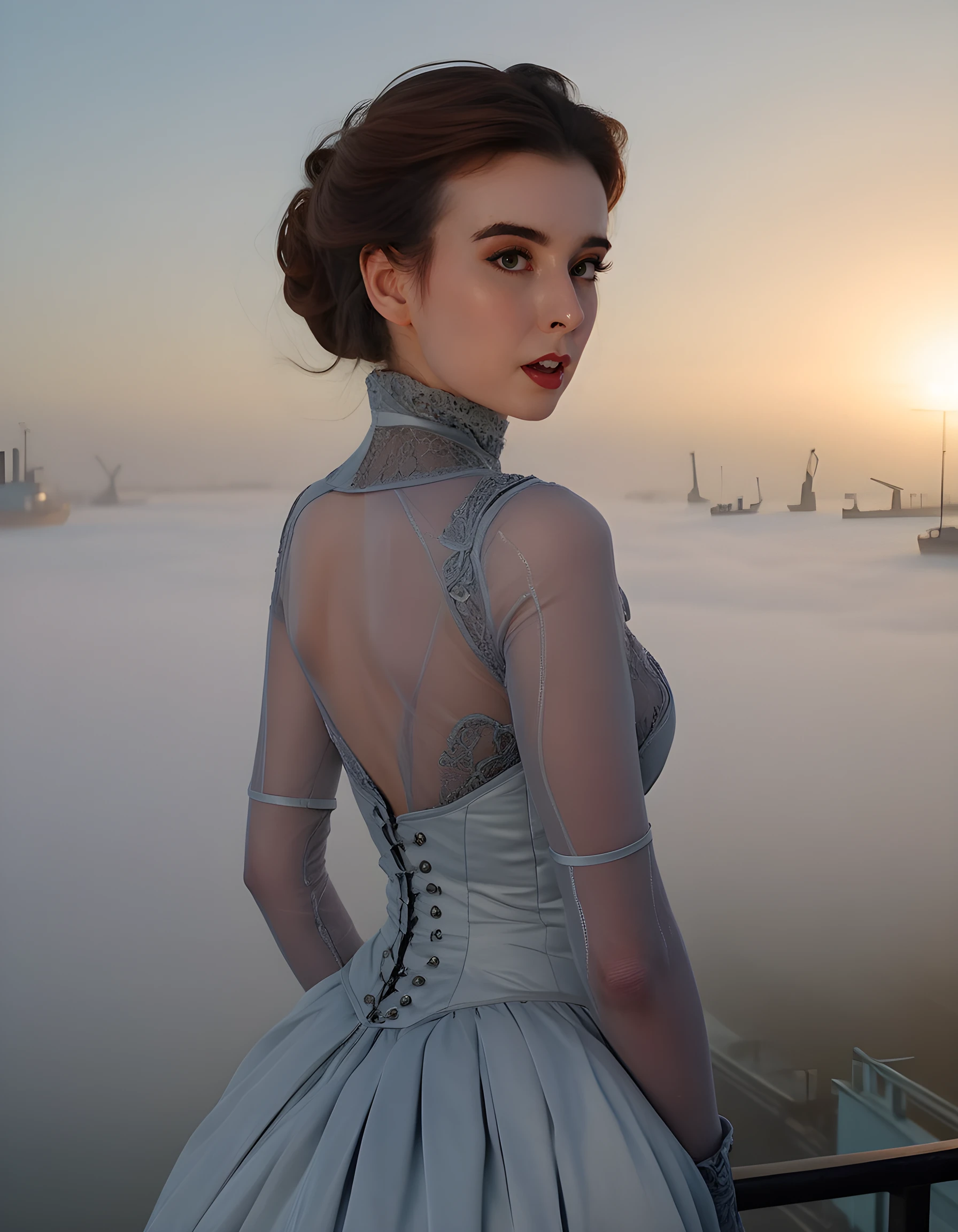 With a singular focus on Jade, the camera captures her in an evocative, realistic shot that highlights her solo presence. Her long, parted brown hair cascades down her back, framing her striking brown eyes and parted lips. She stands defiantly, clad in a Victorian-futuristic dress, with her upper body on full display as she gazes out over the fog-laden London dockyard. The ethereal twilight envelops her, casting a soft yet dramatic glow upon her visage, and her pose exudes an air of power and mystery that leaves the viewer entranced.