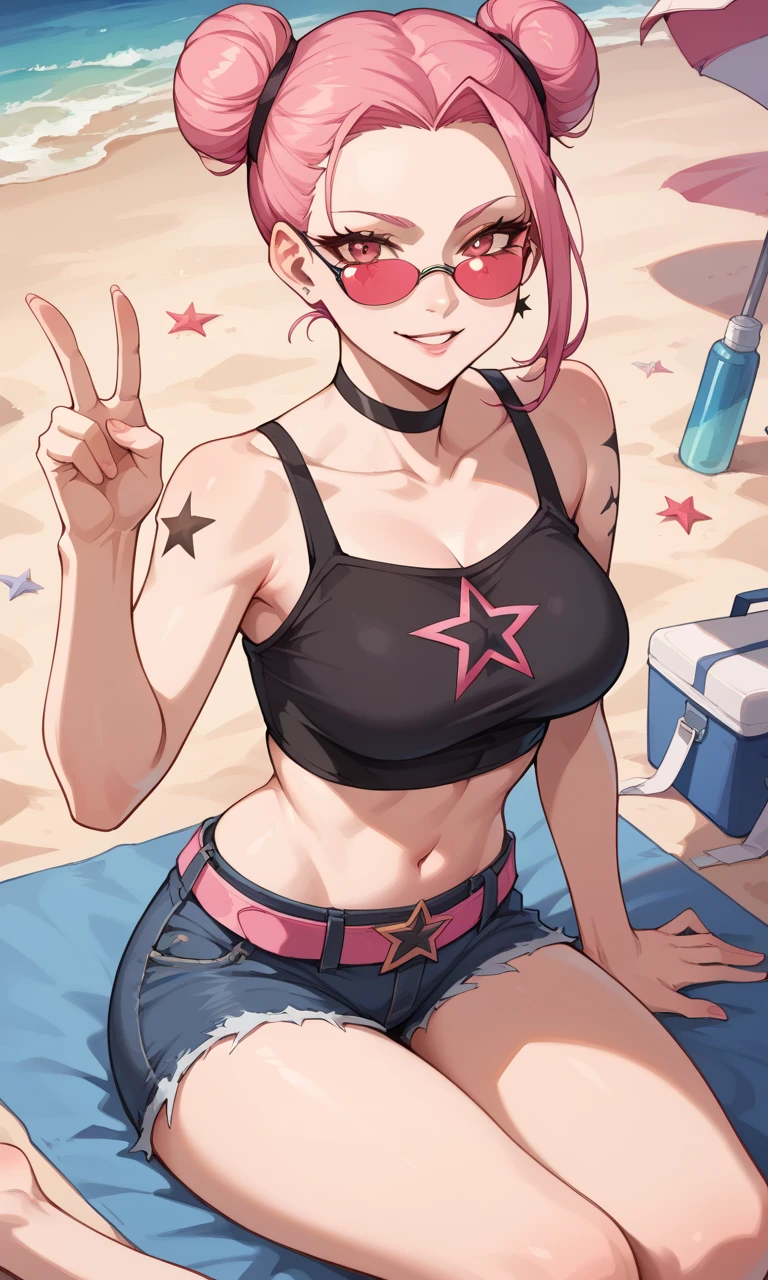 score_9, score_8_up, score_7_up, score_6_up, source_anime, BREAK masterpiece,  HazeSW, double bun,black crop top, tinted eyewear, sleeveless, pink belt, denim shorts, pink hair, pink eyes, navel, sitting, beach towel, breasts, looking at viewer, 1girl, beach, shoulder tattoo, star tattoo, smile, parted lips, hand gesture, peace sign,