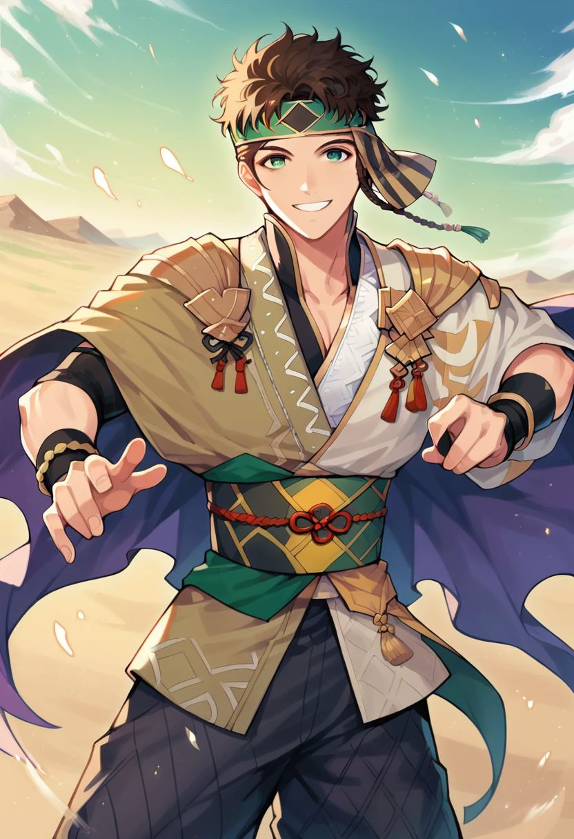 score_9, score_8_up, score_7_up, claudefe, claudewind, 1boy, solo, brown hair, short hair, curly hair, braid, green eyes, headband, japanese outfit, jewelry, bracelet, smile, dynamic pose, dutch angle, looking at viewer, desert, flowing sand, wind particles