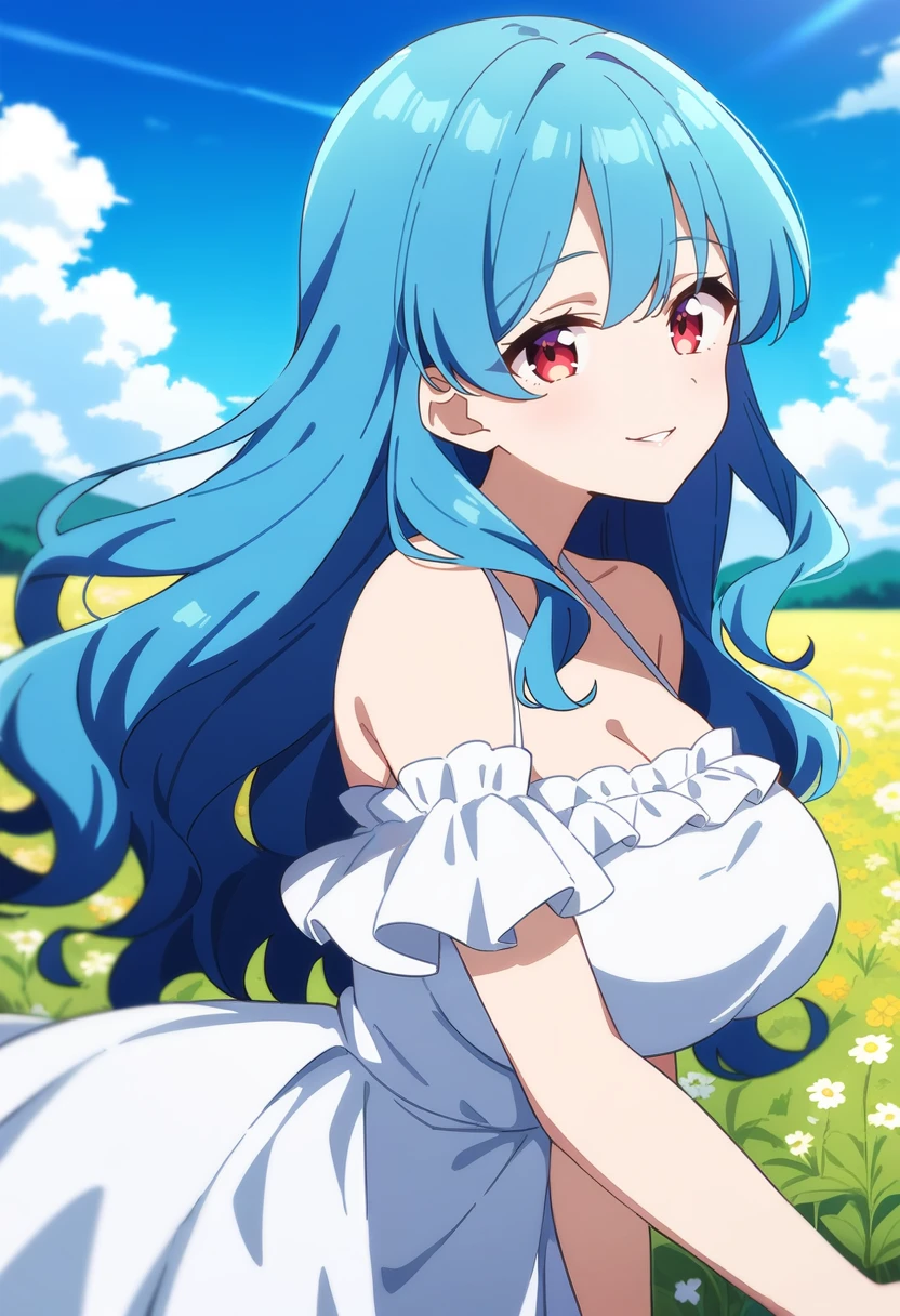 1girl, solo, anime coloring,
long hair, wavy hair, blue hair, red eyes, seductive smile, large breasts, white dress, frills,
field, blue sky,
masterpiece, best quality, very aesthetic, absurdres,