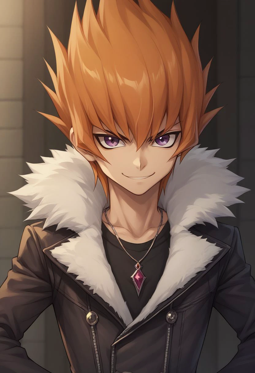 score_9, score_8_up, source_anime, highly detailed, 
rei, 1boy, solo, male focus, purple eyes, jewelry, necklace, orange hair, fur trim, jacket, upper body, smile, smirk, evil, hands on hips, looking at viewer, spiked hair,
outdoor,