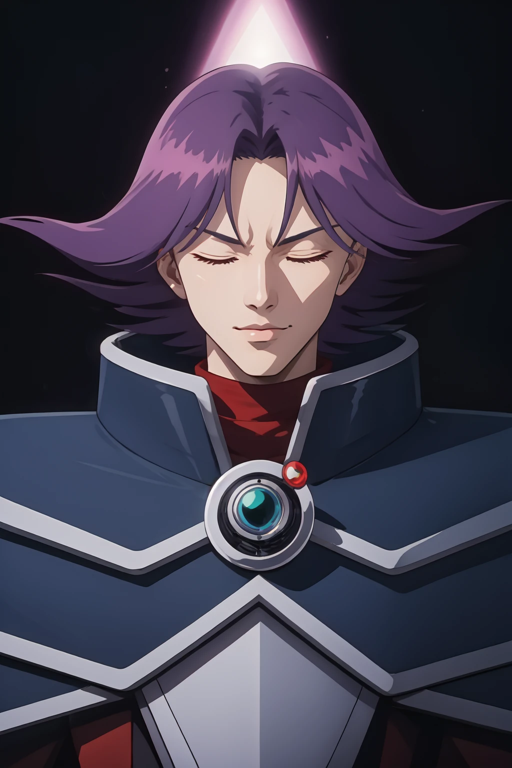 (rezo:1), upper body portrait, male,purple hair, solo,pauldrons, armor, cape, looking at viewer, vibrant colors, colorful, standing, blind, concept art, character_sheet, long hair, eyes closed, lips,  <lora:rezo-10v2:0.65>, aura, bokeh, (glowing:1.1), volumetric lightning, abstract background