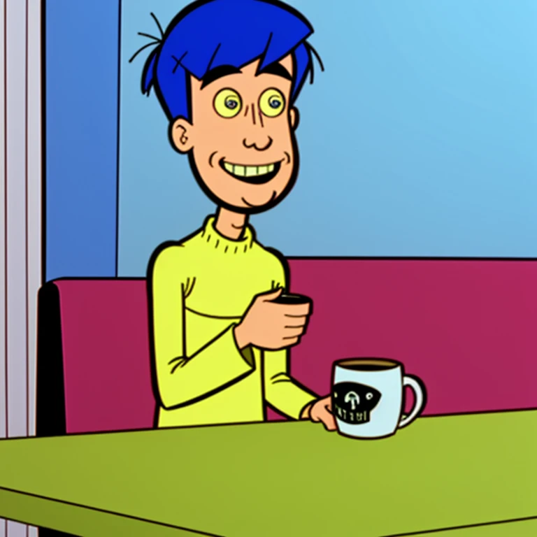 <lora:Andy_French_Mission_Hill_1999:1.05> andy_french, 1boy, smile, sitting, cafe, coffee cup, <lora:LCM_SD15:1.0>