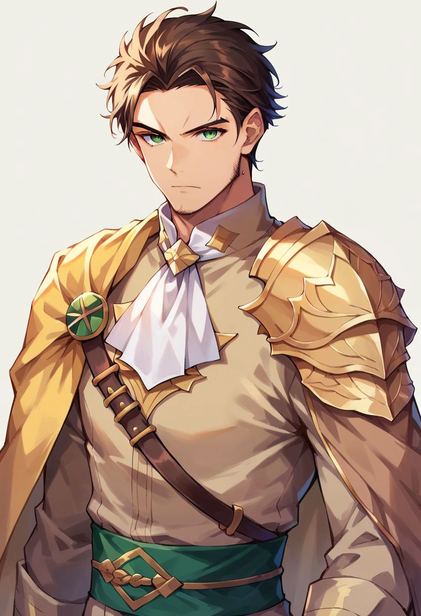 score_9, score_8_up, score_7_up, claudefe, claudetimeskip, 1boy, solo, brown hair, short hair, swept back hair, green eyes, facial hair, beard, golden and brown outfit, golden shoulder plate, white ascot, serious, holding bow, aim, looking at viewer, cowboy shot