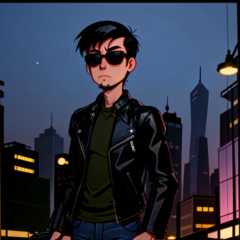 <lora:Andy_French_Mission_Hill_1999:1.1> andy_french, 1boy, motorcycle, leather jacket, sunglasses, tough guy,  night, city background,<lora:LCM_SD15:1.0>