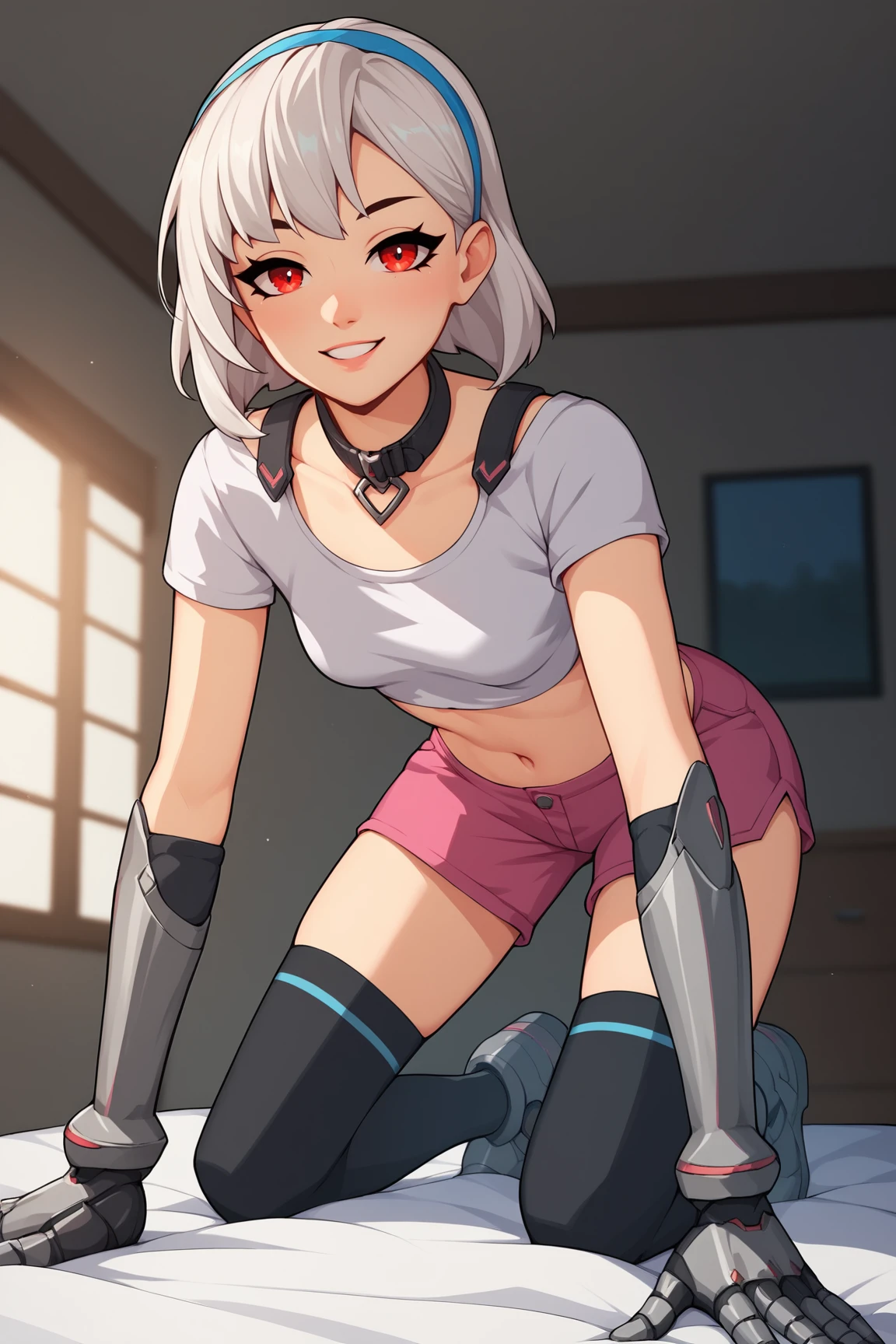 score_9, score_8_up, score_7_up, score_6_up, score_5_up, score_4_up, LexaFEXL, red eyes, white hair, short hair, blue hairband, bangs, black collar, mechanical arms, small breasts, white crop top, short sleeves, navel, pink shorts, black thighhighs, solo, all fours, seductive smile, looking at viewer, indoors <lora:LexaFEXL:0.9>