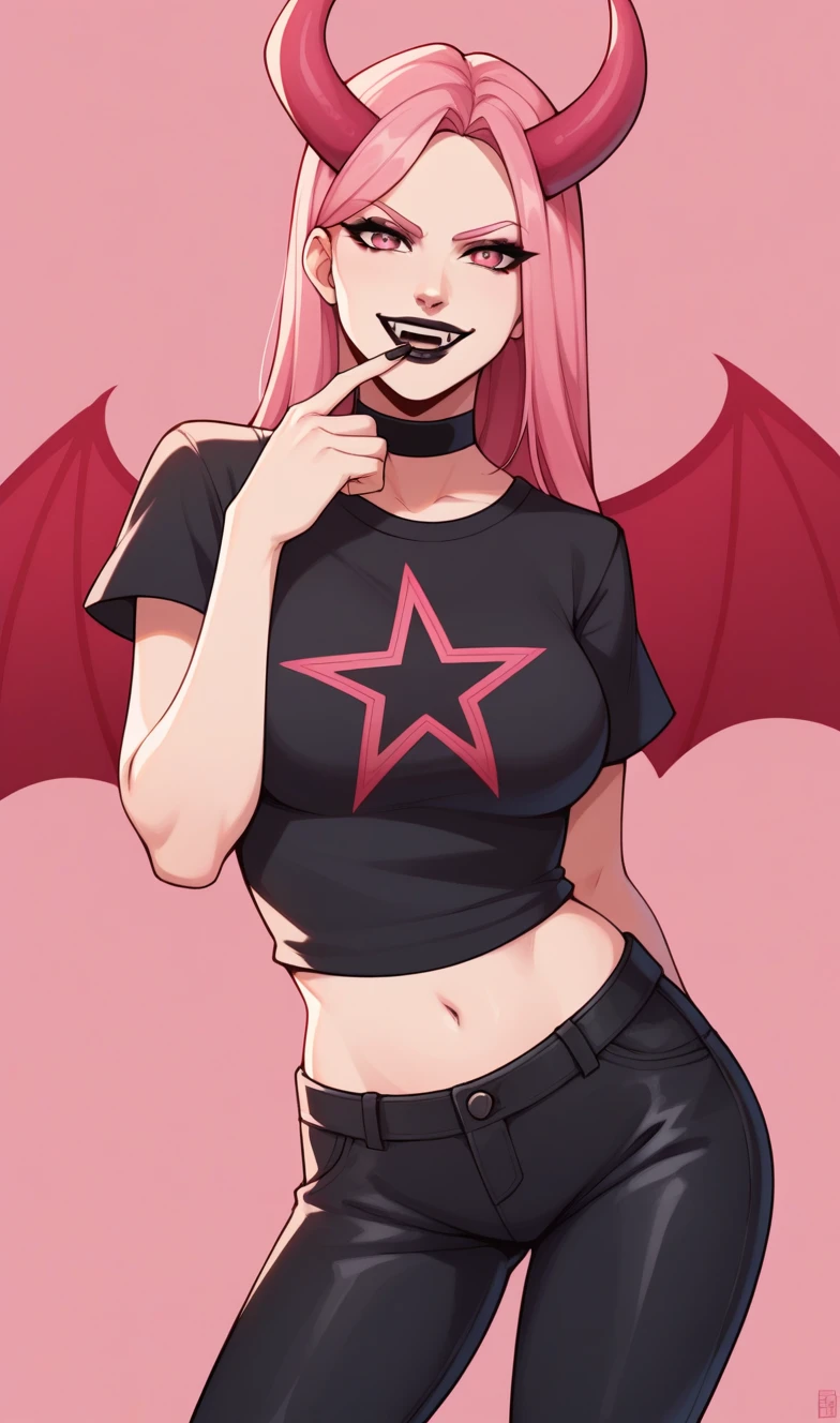 score_9, score_8_up, score_7_up, score_6_up, source_anime, BREAK masterpiece, HazeFN, pink hair, black lipstick, pink eyes, black shirt, short sleeves, midriff, leather pants, choker, star print,long hair,  breasts, looking at viewer, parted bangs, smirk, open mouth, looking at viewer, fangs, finger to mouth, pink background, stylized background, demon horns, demon wings